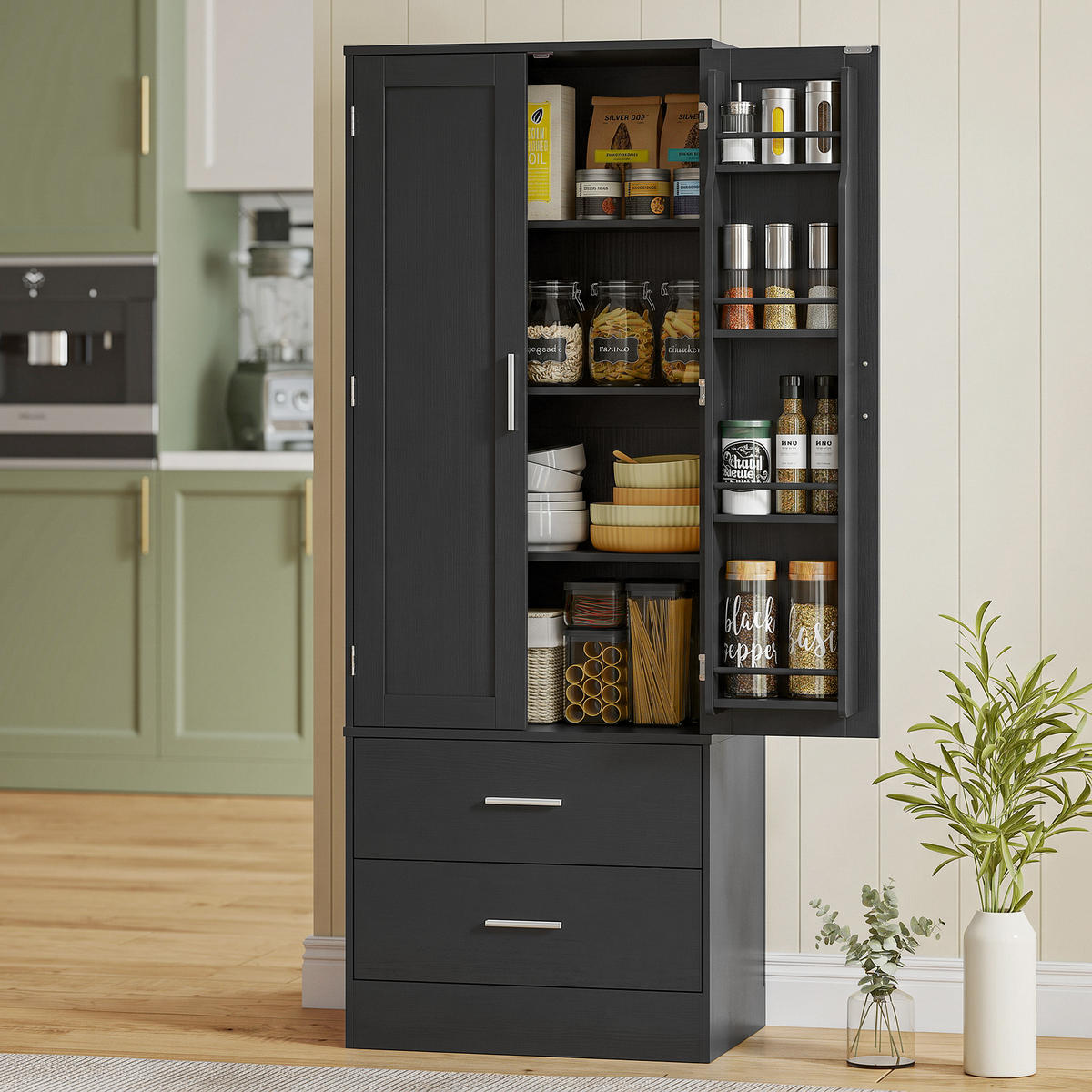 KÜCHENSCHRANK Spanplatte Schwarz - Silberfarben/Schwarz, Holzwerkstoff/Metall (40/159/60cm) - HOMCOM