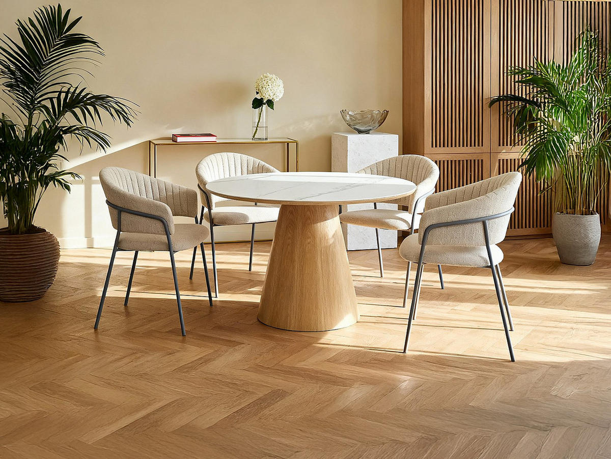 ESSTISCH rund - 4 Personen - Eichenfurnier - Effekt weißer Marmor und helles Naturholz - ANTALIZA - Naturfarben, Keramik (120/120/75.5cm) - Vente-Unique