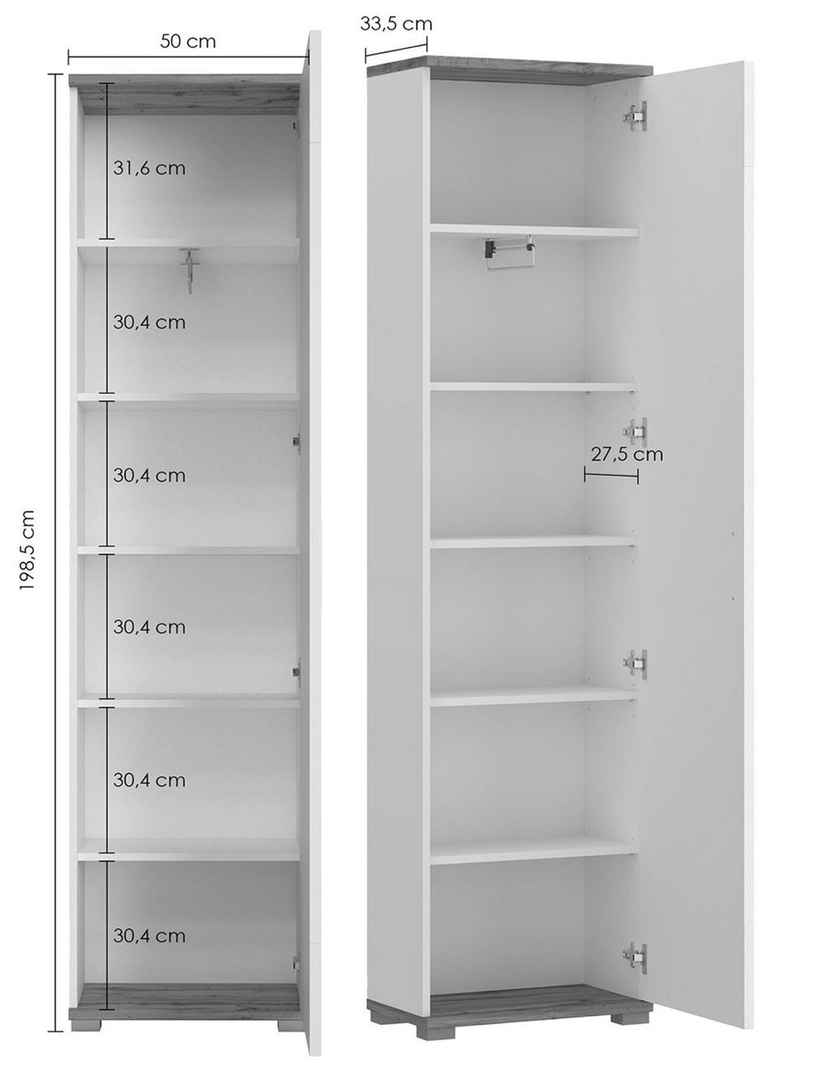 GARDEROBENSCHRANK Hola Wotan Eiche / weiß 50 / 33,5 / 198,5cm - Eichefarben/Silberfarben, Holz/Holzwerkstoff (50/198.5/33.5cm) - Feldmann-Wohnen