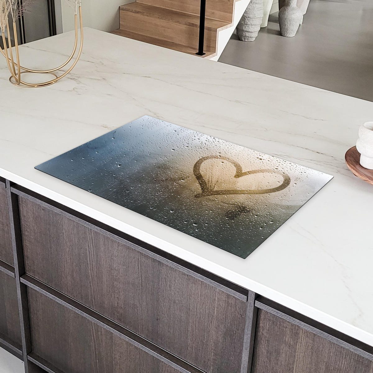 HERDABDECKPLATTE Herz - Kondenswasser - Wasser - 3D Ceranfeldabdeckung 85x52 cm - Grau, Kunststoff (85/52/0.2cm) - MuchoWow
