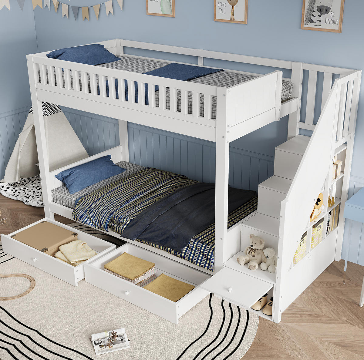 ETAGENBETT aus Massivholz, MDF und Kiefer 90x200 cm Weiß mit Stauraumtreppe, 2 Bettkästen und Rausfallschutz - Weiß, Holz (90/200cm) - Modfu
