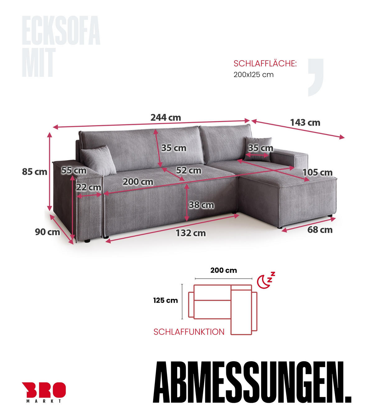 ECKSOFA ADI mit Schlaffunktion Hellgrau Cord - Hellgrau, Textil (244/143cm) - Bromarkt