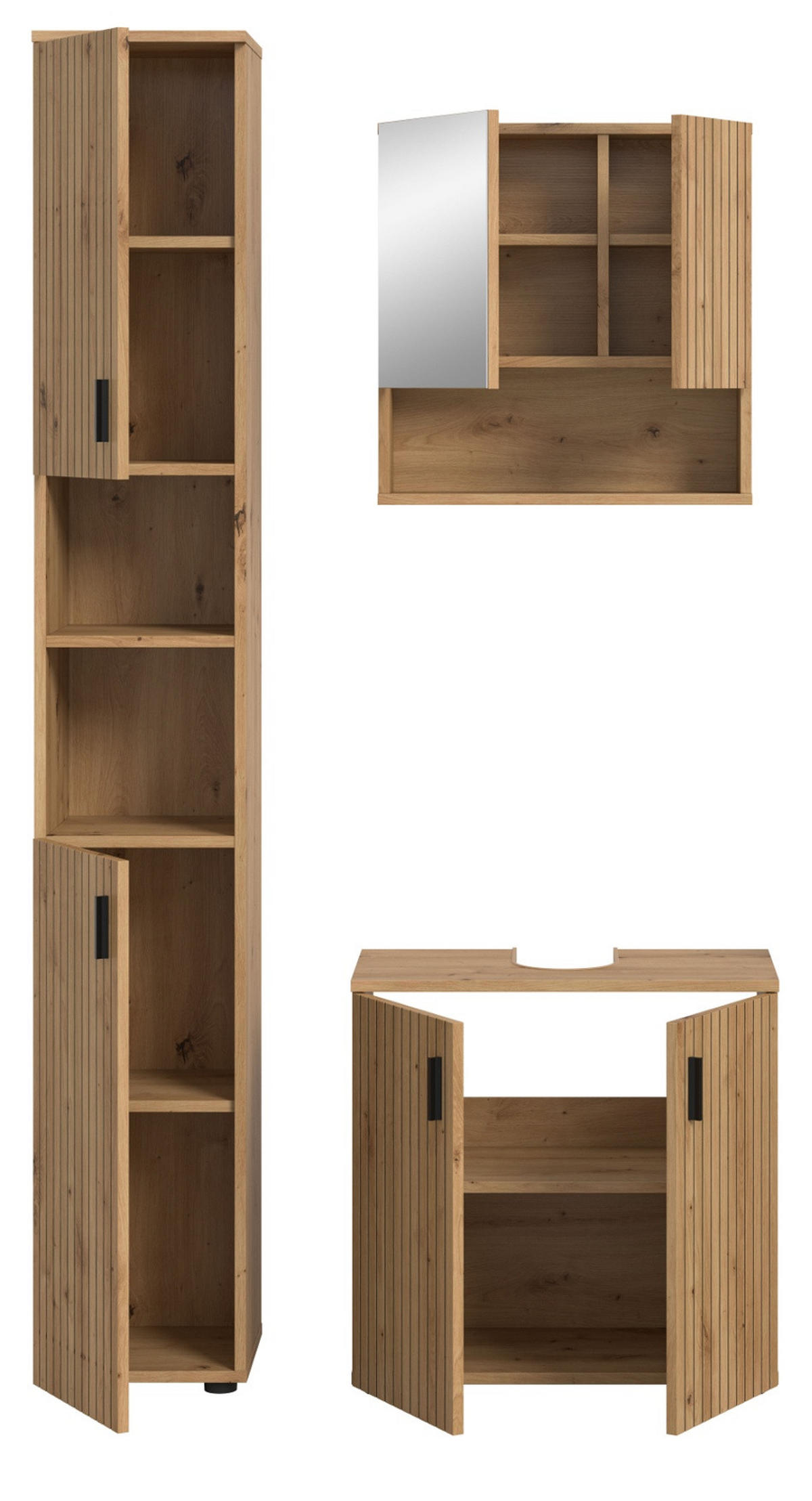 BADMÖBEL-SET Eiche Artisan 3-teilig 105 cm, Badkombination mit Rillen-Optik - Schwarz/Eiche Artisan, Glas/Holzwerkstoff (105/192/30cm) - Inn.Furn