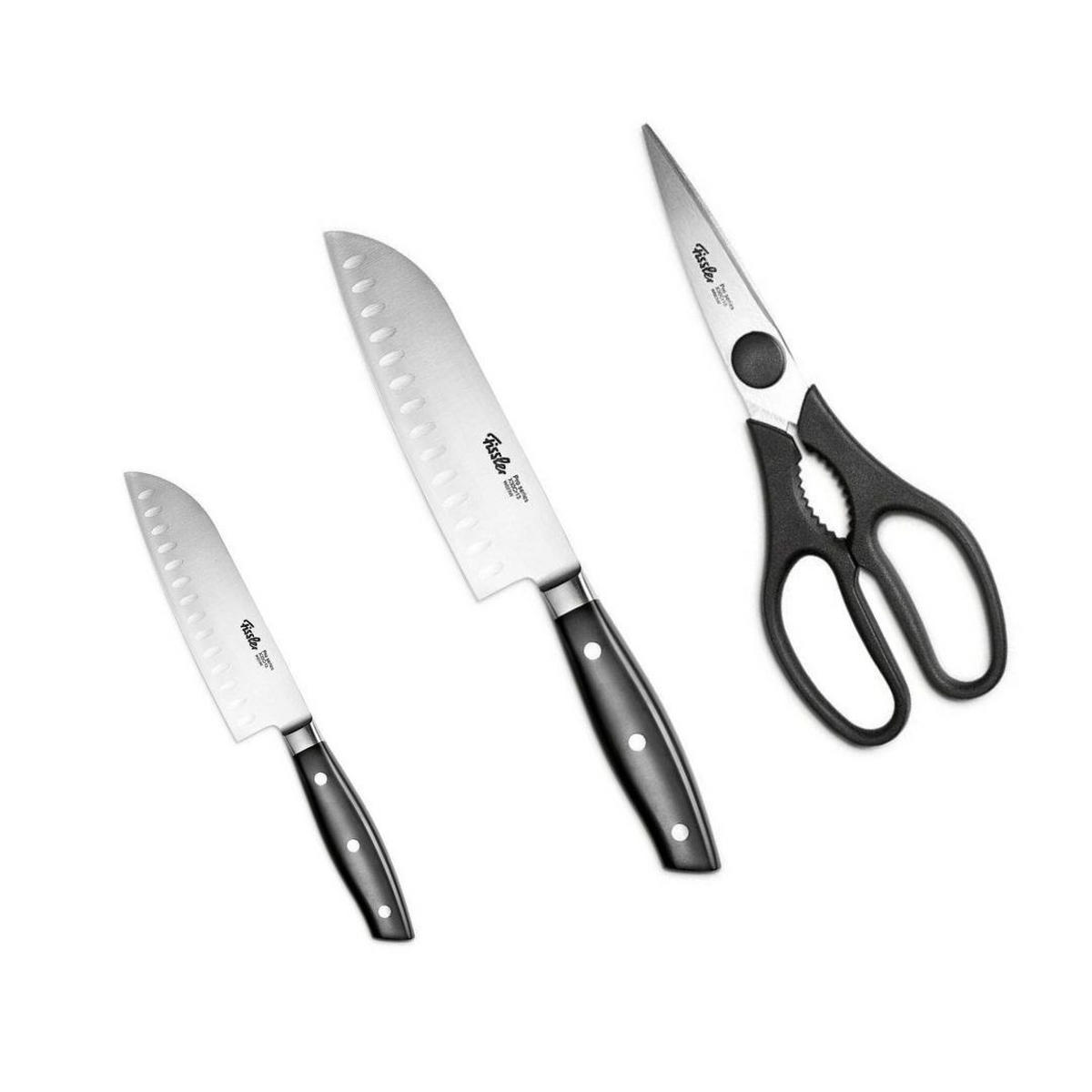 KÜCHENMESSER SET 3-tlg Schwarz Silber, Santokumesser 130 mm, 165 mm, Küchenschere, Edelstahl, Schneidemesser, Küchenzubehör, Profi Messer - Silberfarben/Schwarz, Kunststoff/Metall - Fissler