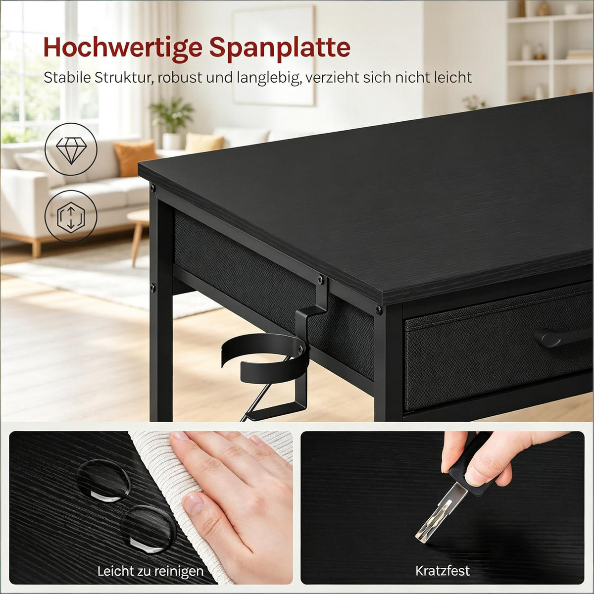 GAMINGTISCH Schwarz 120/51/75 cm mit Stromanschluss USB Typ-C und Stoffschubladen - Schwarz, Holzwerkstoff (51/120/75cm) - PANGIVO