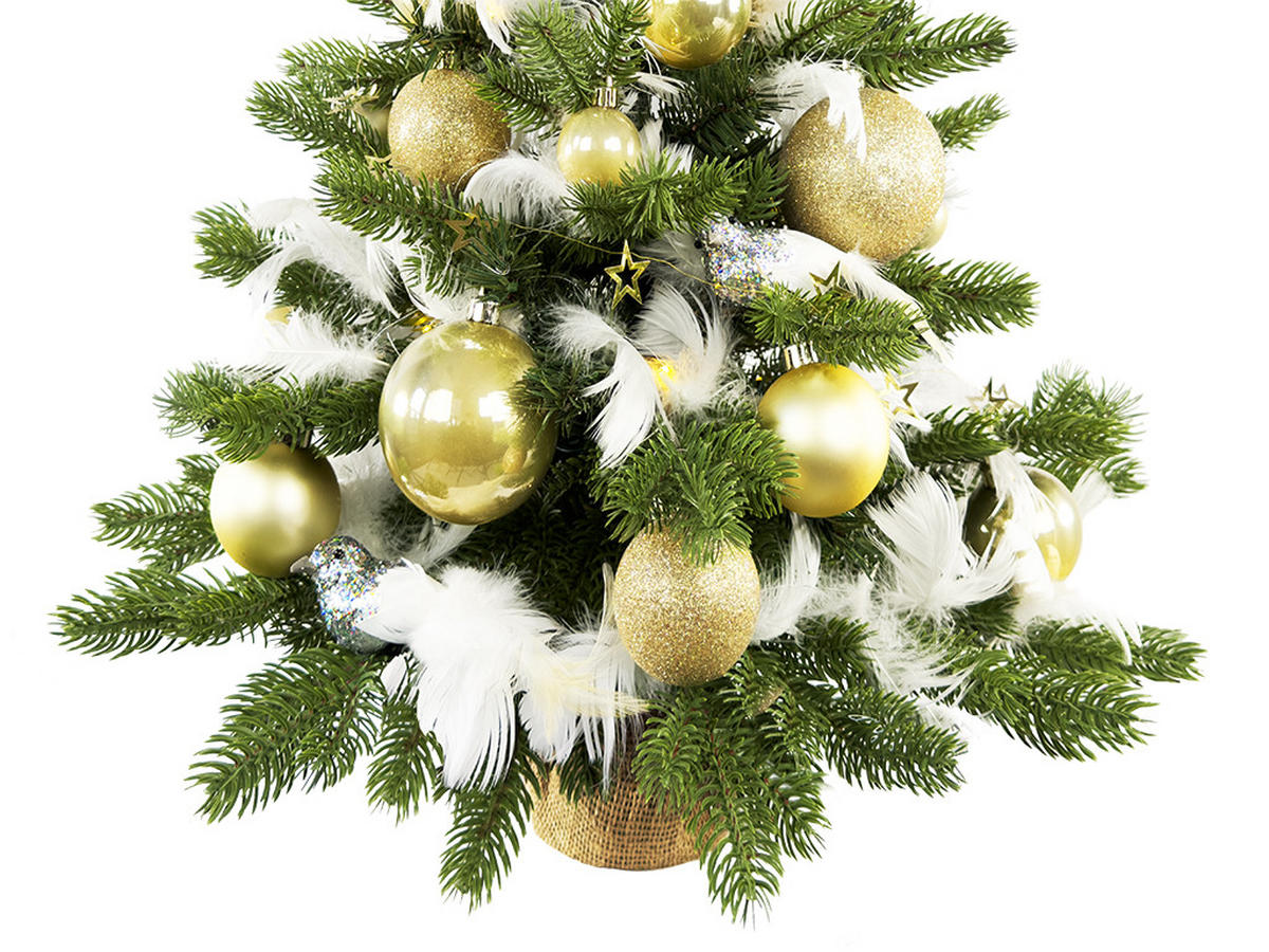WEIHNACHTSBAUM künstlicher 60 cm mit LED-Beleuchtung, GOLDWEIHNACHTEN II, mit 34 Weihnachtsbaumschmuck, Pflanztopf mit Jutesack - Champagner/Silberfarben, Kunststoff/Stein (40/60cm) - LAALU