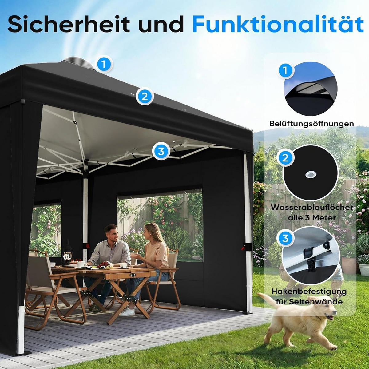 FALTPAVILLON 3x6m mit Seitenwänden und Insektenschutz schwarz - Schwarz, Textil (585/285/293cm)