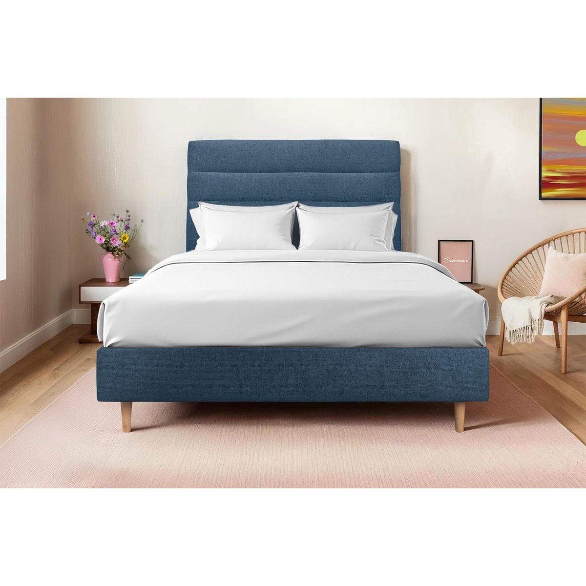 KOPFTEIL Modell Linien – Ozeanblauer Stoff 200 cm - Beige/Dunkelblau, Karton/Holz (200/120/10cm) - Sommeil de Plomb