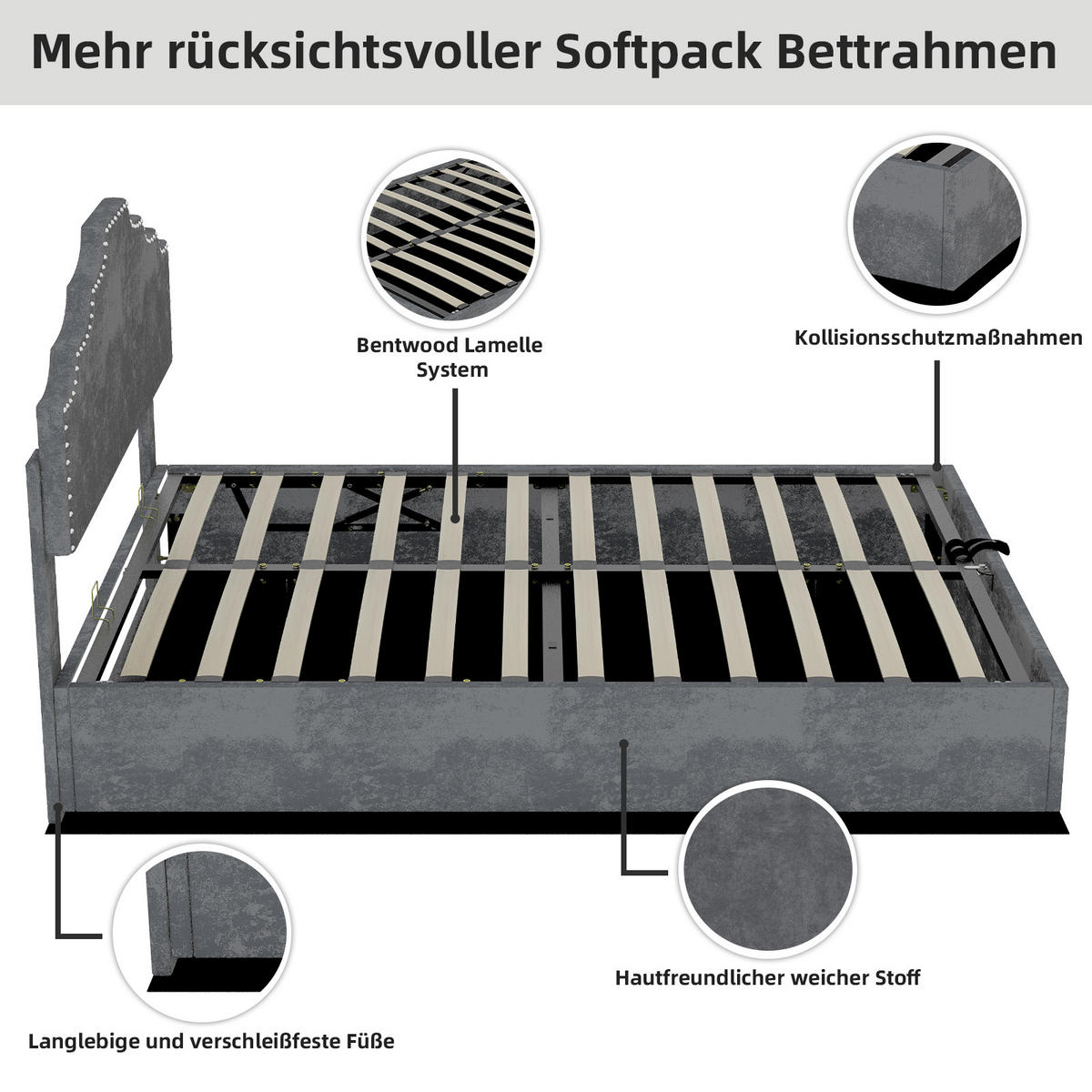 POLSTERBETT 140/200 cm in Grau Stoff mit geometrischem Kopfteil - Grau, Holzwerkstoff/Textil (140/200cm) - WISHDOR