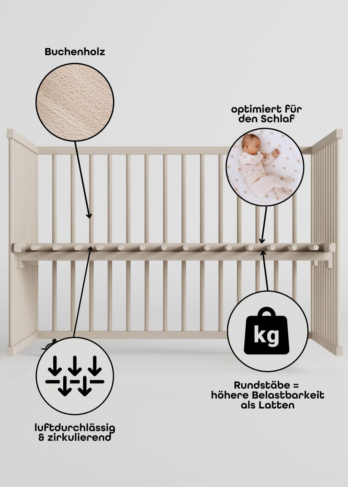 LAUFGITTER XXL 120x120 cm mit Matratze Cloud Air, Lattenrost & Schlupfsprossen - sahara dust - Premium Kollektion - Sandfarben, Holz (120/74/120cm) - Sämann – make a difference.