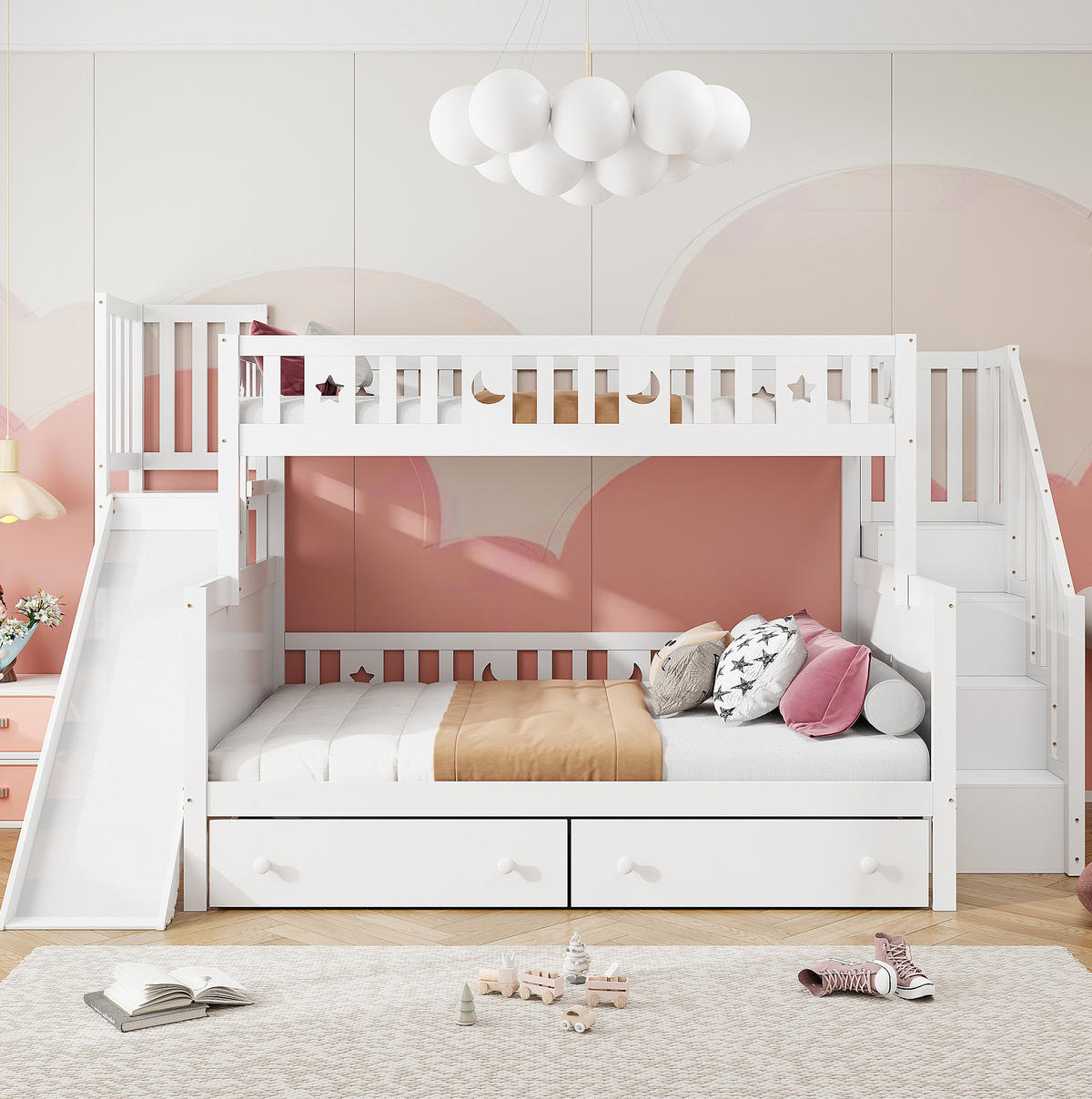 ETAGENBETT 90/200 und 140/200 cm in Weiß mit Rutsche, Leiter und Schubladen - Weiß, Holz (90/140cm) - Flora Grace
