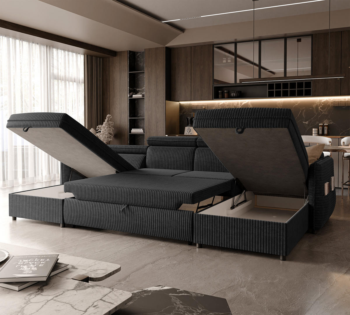 WOHNLANDSCHAFT U-Form Beni mit Schlaffunktion, Cord-Stoff Poso 135 Schwarz - Schwarz, Holzwerkstoff (286/60/166cm) - Idohome