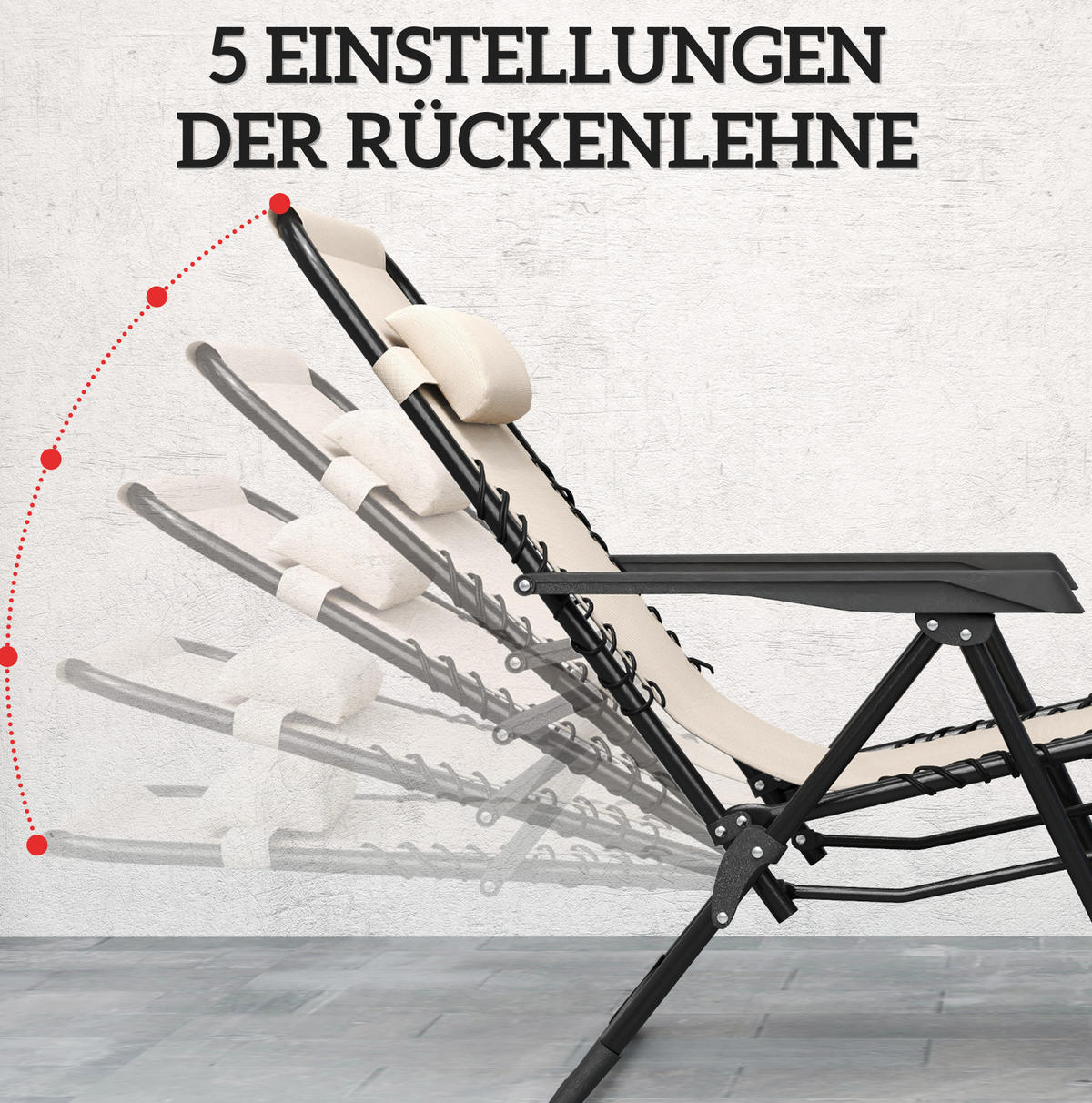 GARTENSET aus Metall 90x65x110 cm Beige klappbar mit Beistelltisch, Kopfkissen und 5-fach verstellbarer Rückenlehne - Beige, Metall - Modfu