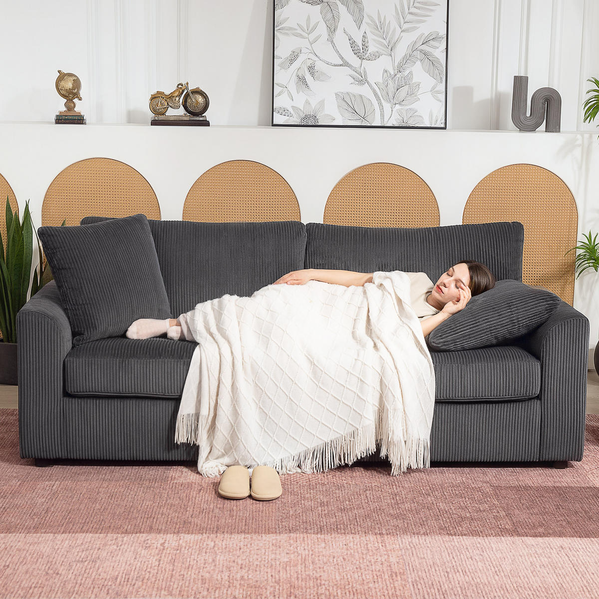 3-SITZER-SOFA, Couch mit Armlehnen, Zierkissen, Polstersofa mit Cordbezug, Grau - Dunkelgrau/Schwarz, Kunststoff/Textil (80/88/212cm) - HOMCOM