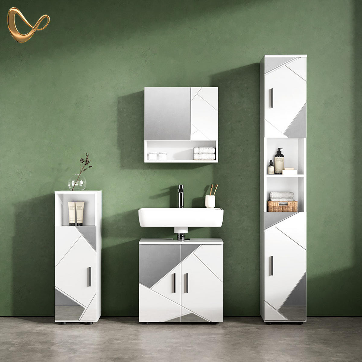BADMÖBEL-SET Ronco Weiß Hochglanz mit Einsätzen 4 Teile, mit Hochschrank - Weiß Hochglanz, Holzwerkstoff (60/60/59cm) - Livinity®