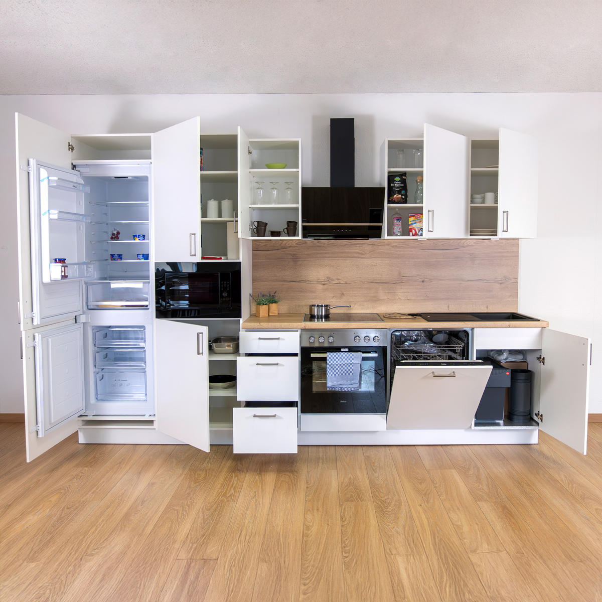 KÜCHENLEERZEILE „Leipzig“ 330 cm – ohne E-Geräte – Premiumweiß – mit Zubehör - Edelstahlfarben/Weiß, Holzwerkstoff/Metall (330/210/60cm) - GEBA