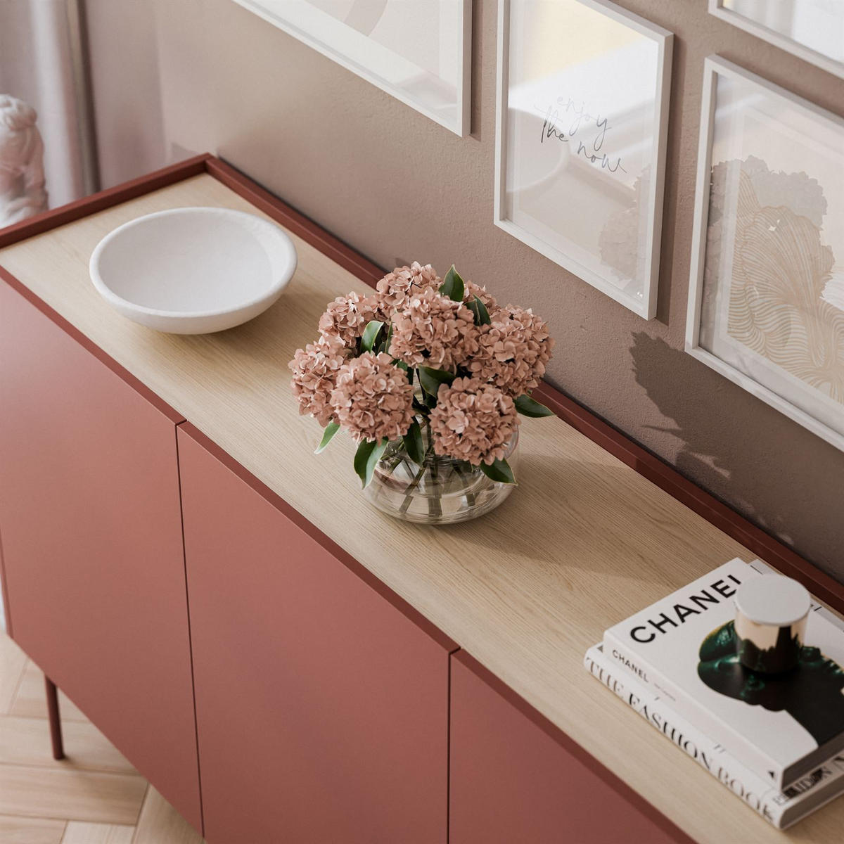 KOMMODE Dreitürige ESSENCE 3D K144 Keramik Rot / Eiche Linea - Eichefarben/Rot, Holzwerkstoff (144/86/37cm) - Lookway
