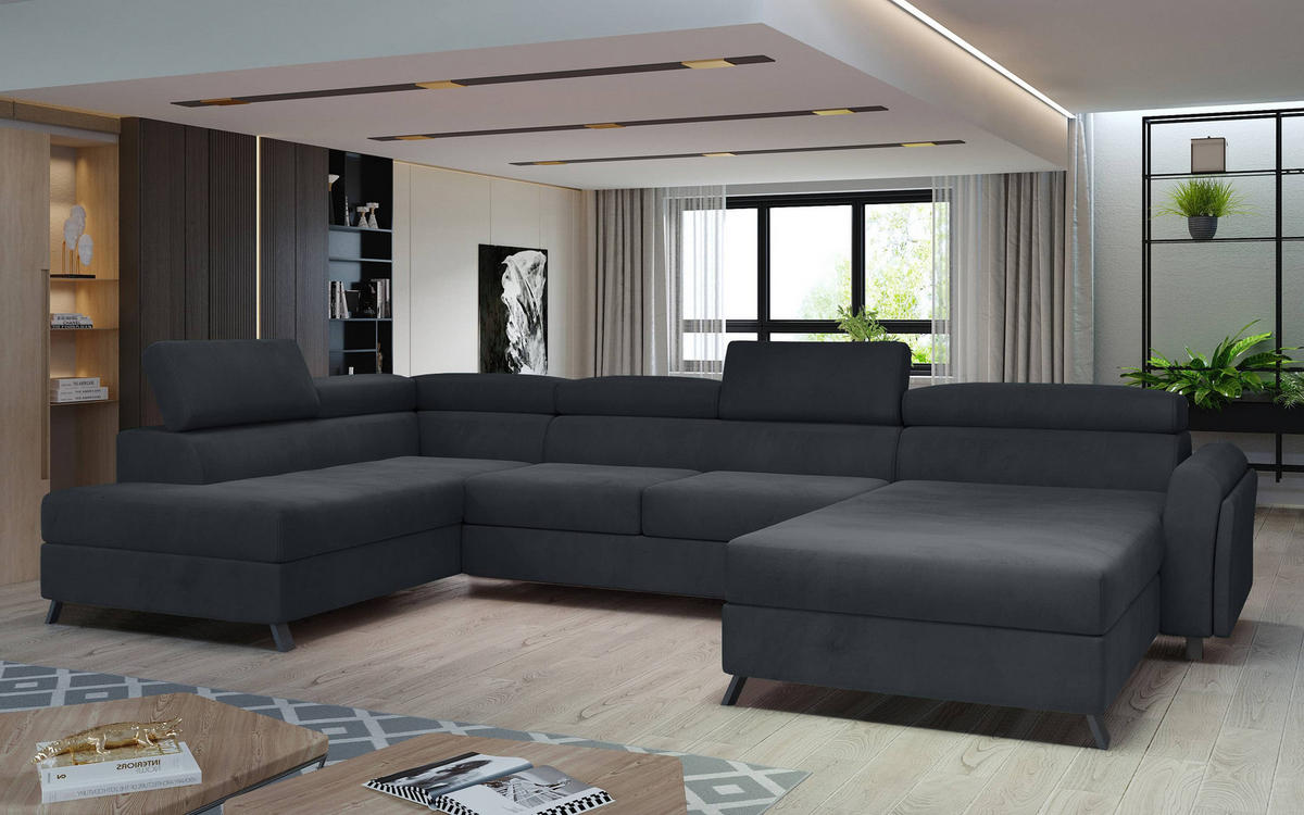 WOHNLANDSCHAFT mit Schlaffunktion und Bettkasten - Dunkelgrau/Schwarz, Textil/Metall (370/98/200cm) - Eltap