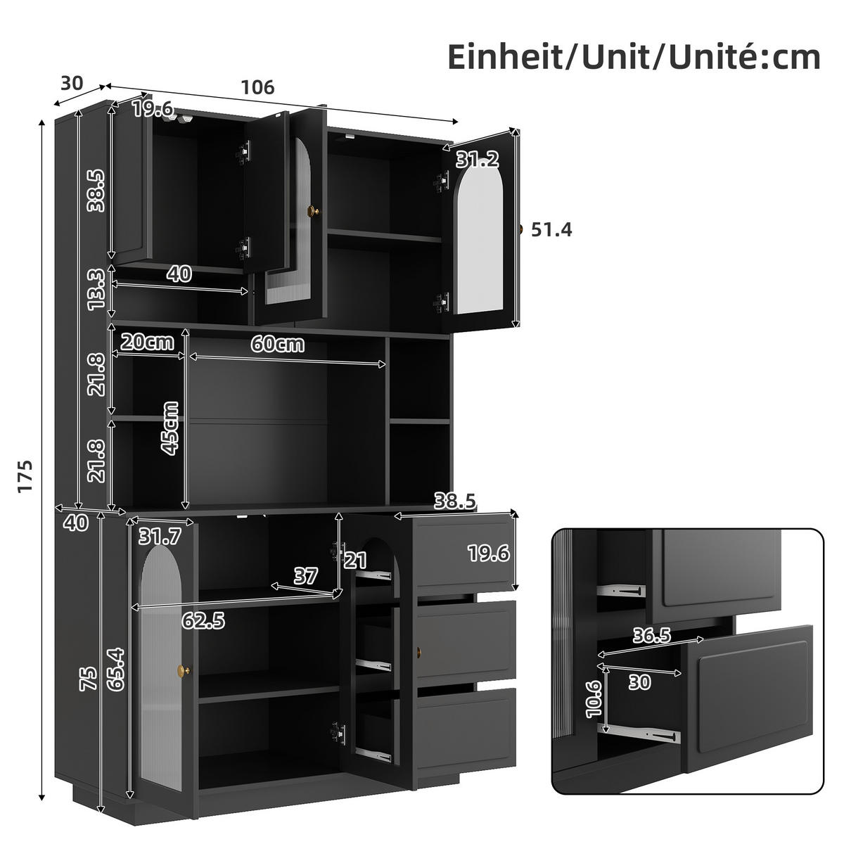 GESCHIRRSCHRANK LED Bogen Türen Acryltüren - Schwarz, Holzwerkstoff (106/175/30cm) - FLIEKS
