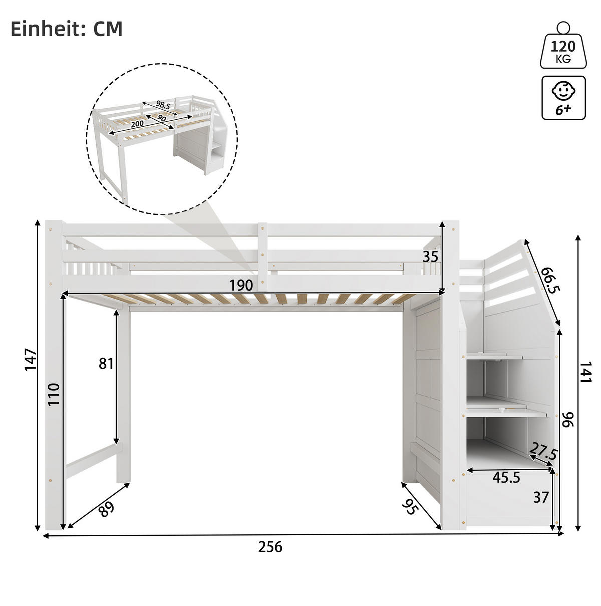 HOCHBETT 90/200 cm, Weiß mit Geländer und verstaubaren Stufen - Weiß, Holz (90/200cm) - MIVRAY