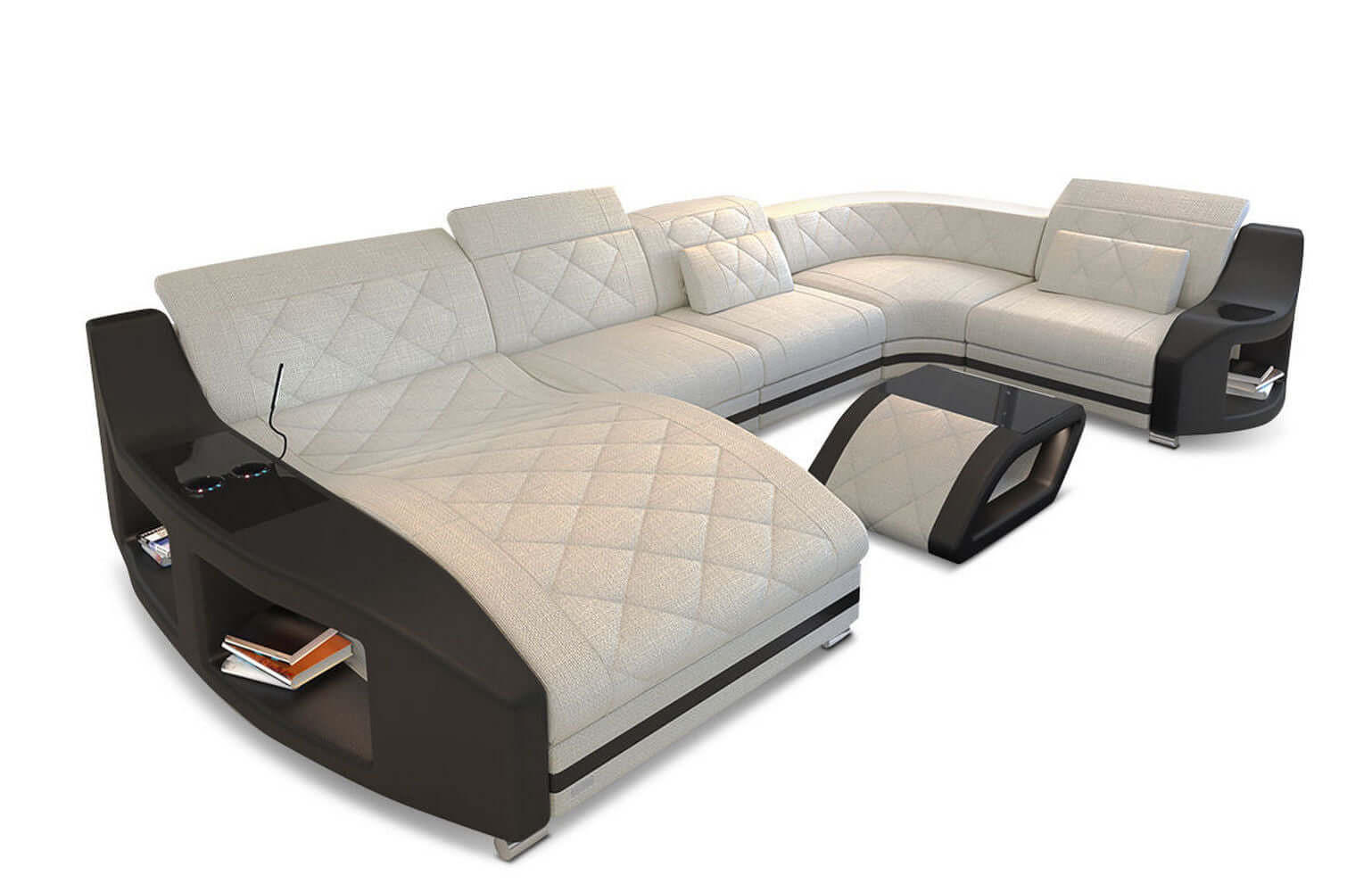 WOHNLANDSCHAFT Stoff Sofa Swing U Form Elfenbein Schwarz Strukturstoff - Creme, Kunststoff (404/90/220cm)