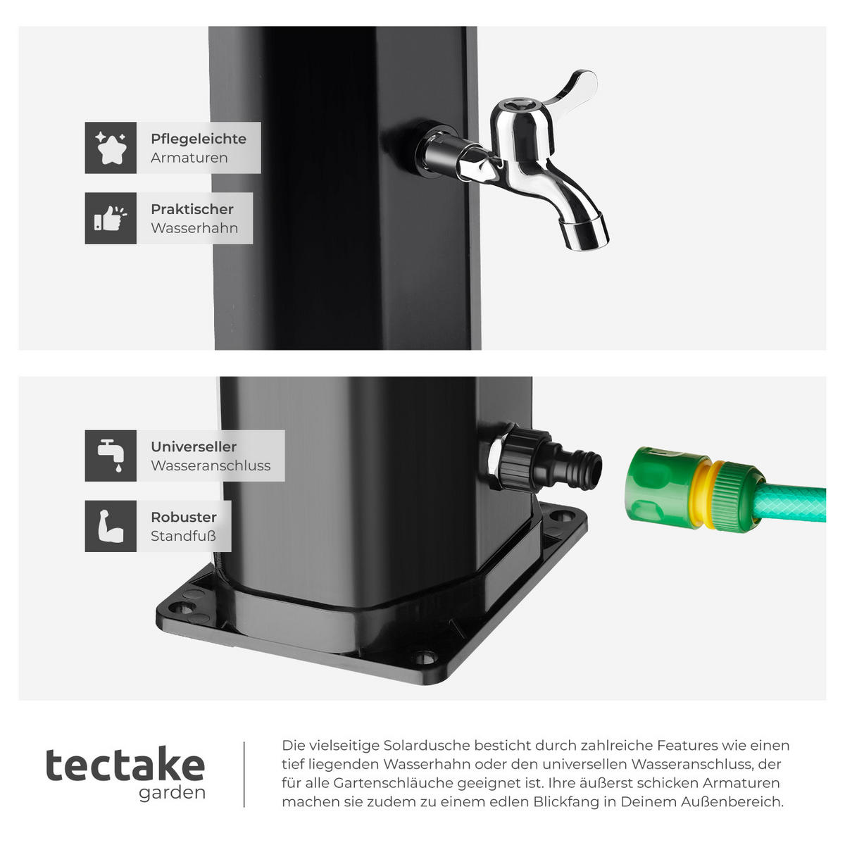 SOLARDUSCHE Ofanto,inklusive Wasserhahn,schwarz - Schwarz, Kunststoff (18/217/44.5cm) - tectake