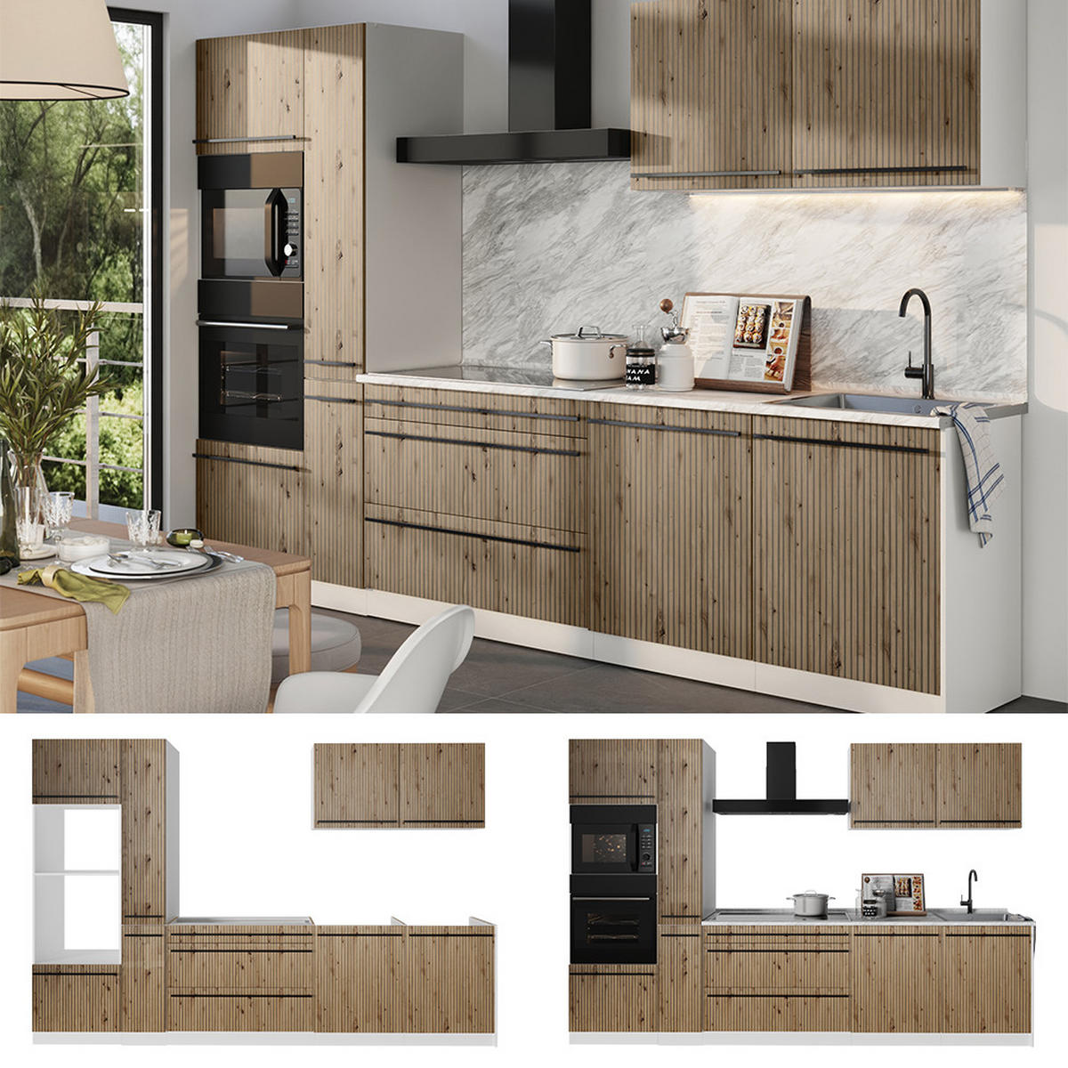 KÜCHENZEILE R-Line, Artisan-Eiche/Weiß, 310 cm Arbeitsplatte Anthrazit - Eiche Artisan/Weiß, Holzwerkstoff (310/206.8/60cm) - Vicco