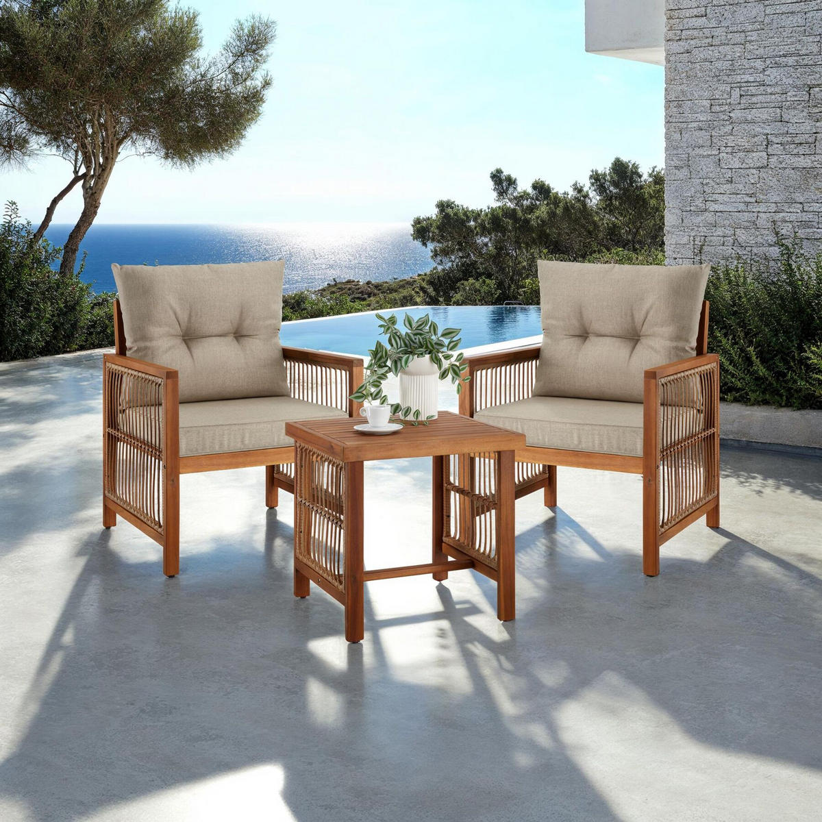 LOUNGE-SET Eivissa,Sessel mit je 2 höhenverstellbaren Kunststofffüßen,natur - Naturfarben, Holz/Kunststoff - tectake