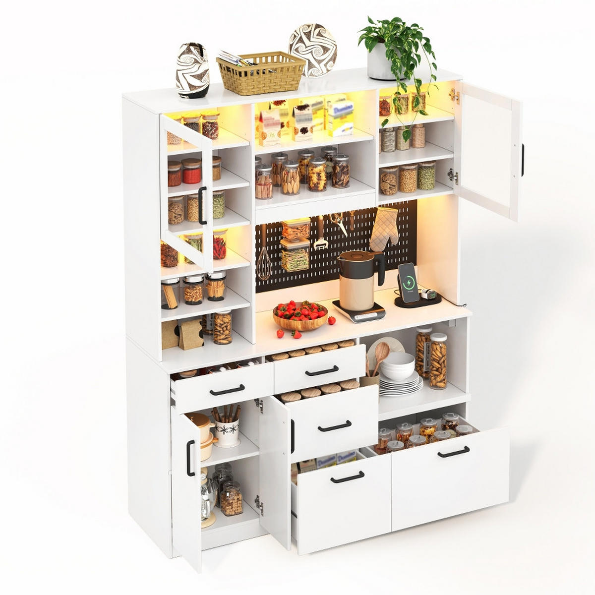 KÜCHENSCHRANKBUFFETSCHRANK MIT STECKDOSE UND LED-BELEUCHTUNG, MDF Weiß, Kaffeestation, 145/185/40 cm - Weiß, Kunststoff (40/185/145cm) - Rolipo