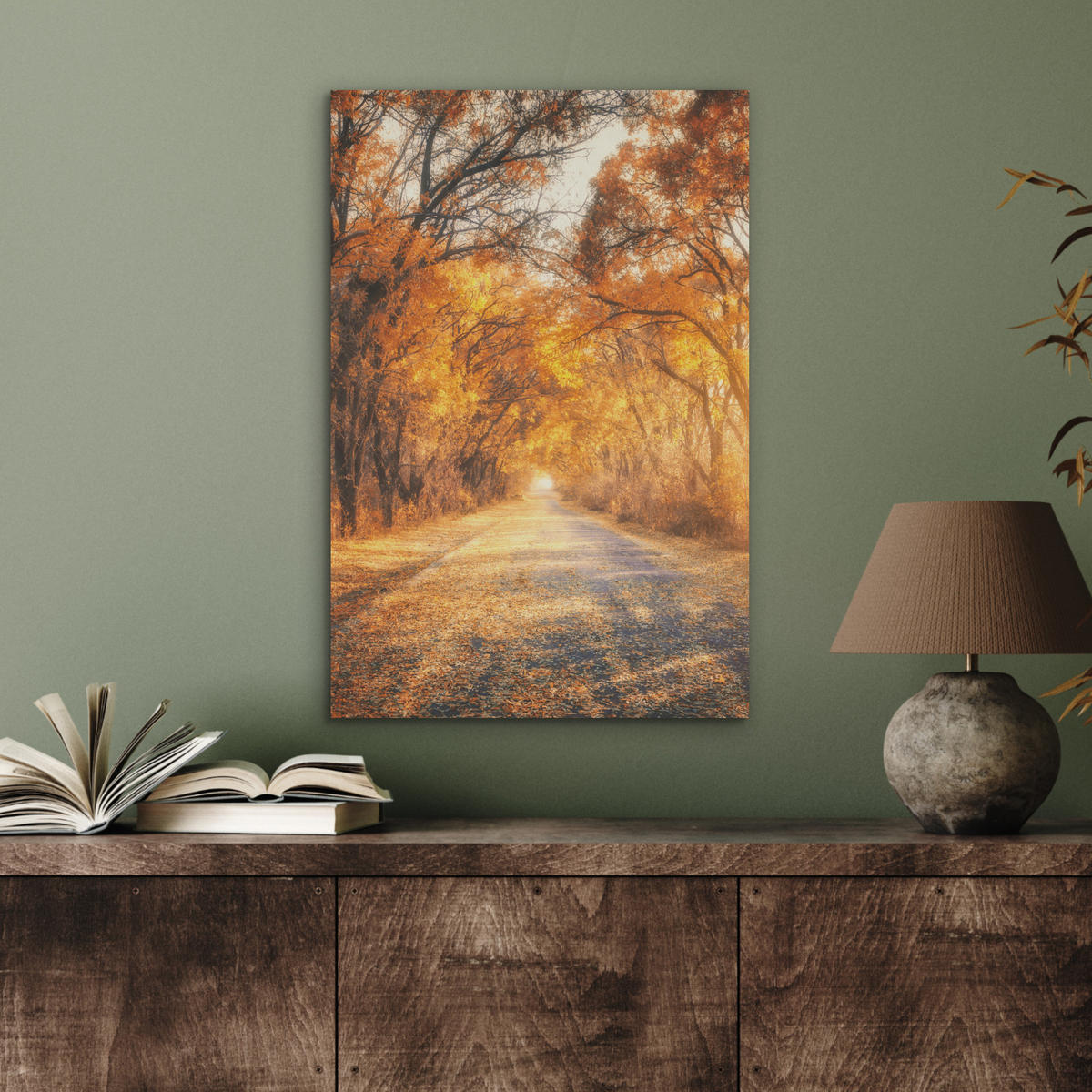 AKUSTIKBILD Wald - Herbst - Bäume - Waldweg - Natur Kunstdruck Schlafzimmer 50x70 cm - Bernsteinfarben, Kunststoff (50/70/0.9cm) - MuchoWow