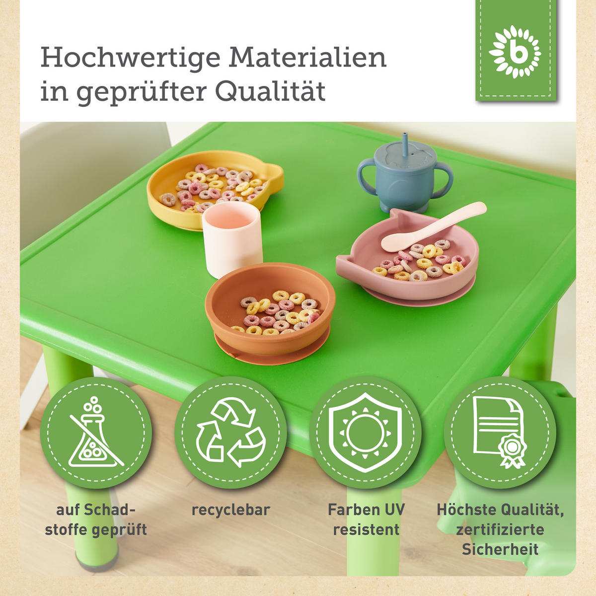 KINDERTISCH mit 2 Stühlen innen u. außen - Grün, Kunststoff (62/52/62cm) - Bieco Spielwaren