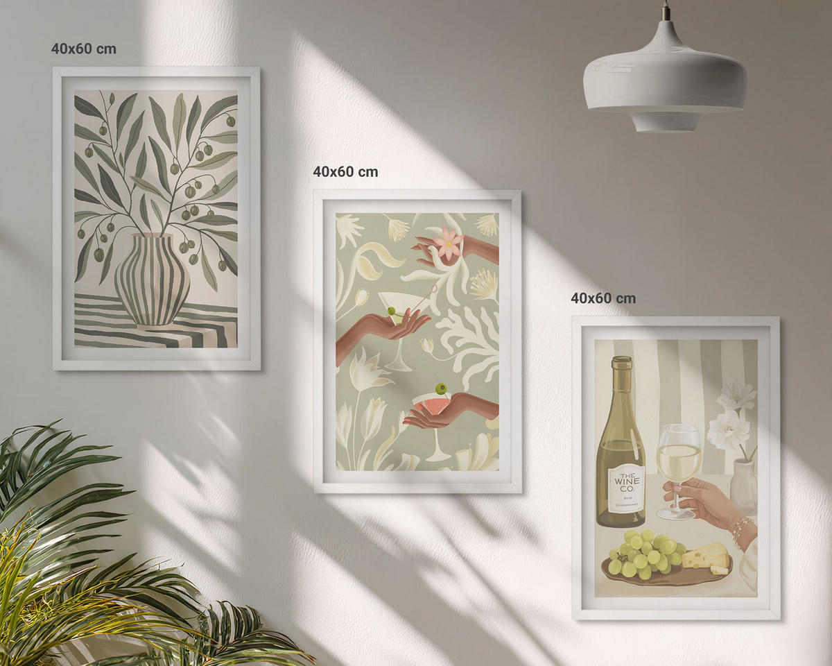 BILDER SET 3er Set - 40x60 cm Weißer Rahmen - Rustikale Cocktails mit Olivenblüten - Weiß, Kunststoff (40/60cm) - TULUP