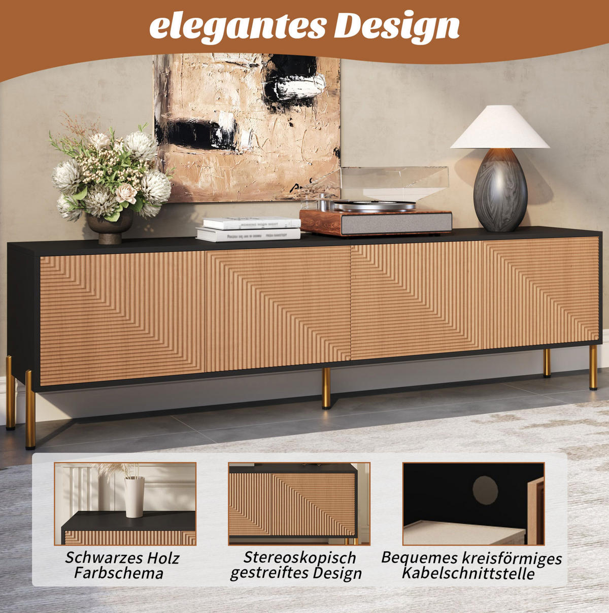 TV-SCHRANK aus Holzwerkstoff 179x35x53,5 cm Schwarz/Natur mit 4 Türen und strukturiertem Frontdesign - Hellbraun, Holzwerkstoff (179/53.5/35cm) - Modfu
