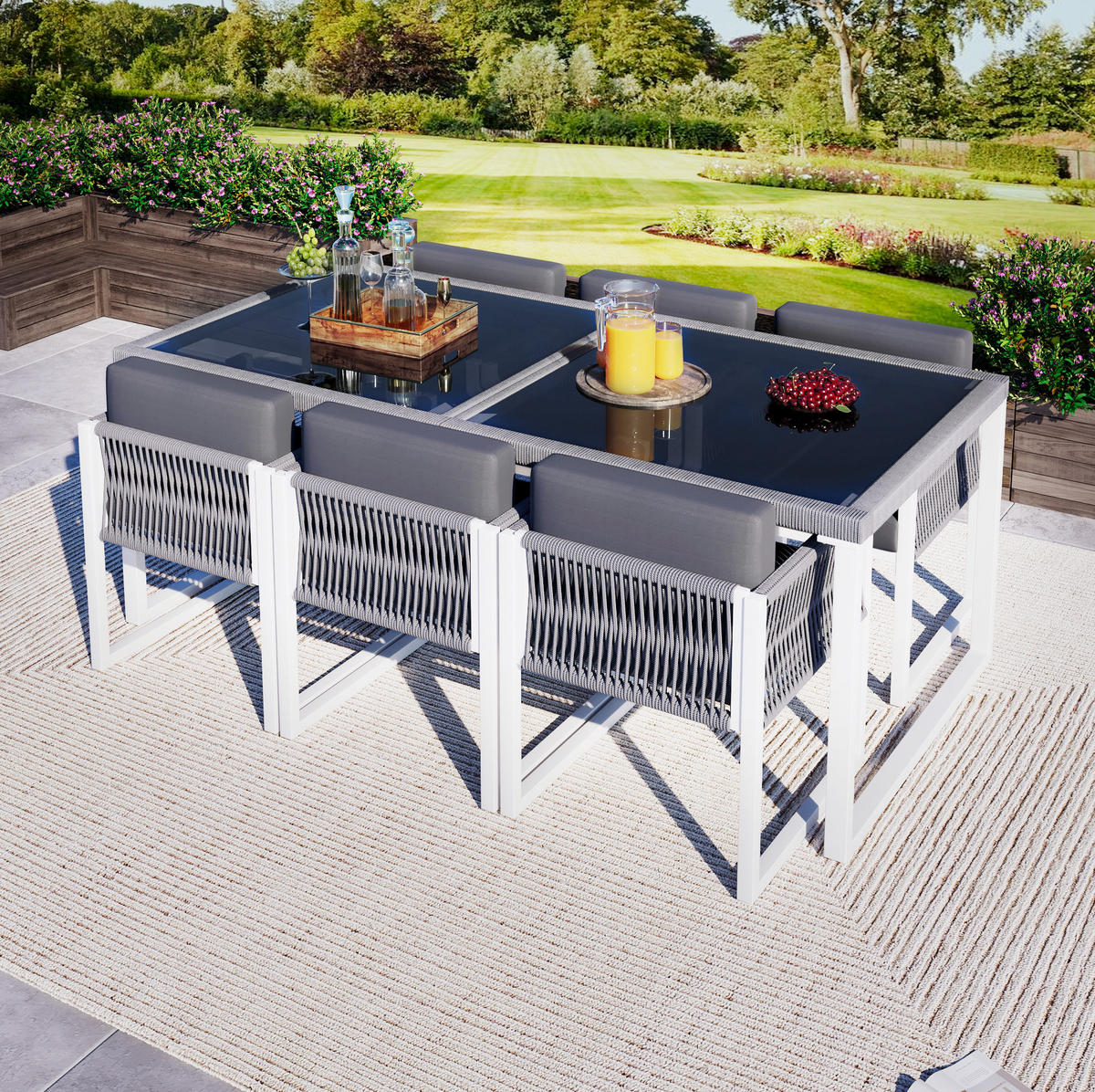 GARTEN-ESSGRUPPE 170/80/75 cm grau/weiß aus Eisen mit 6 Stühlen - Grau, Metall - OKWISH