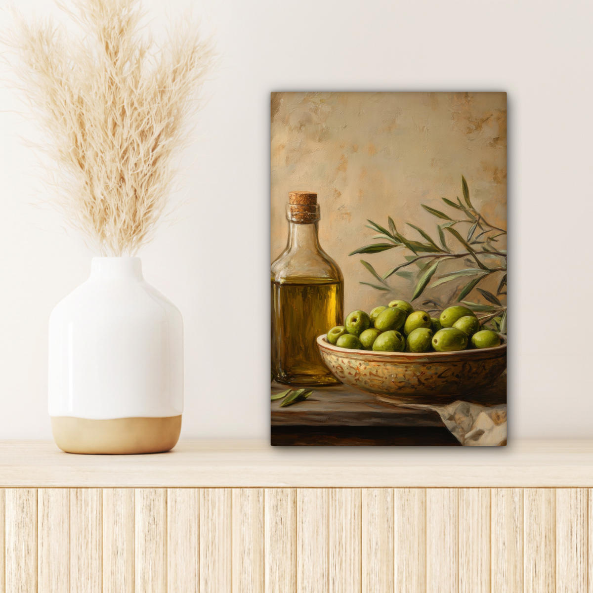 LEINWANDBILD Oliven - Stilleben - Vintage Deko Wohnzimmer 20x30 cm - Olivgrün, Textil (20/30cm) - MuchoWow
