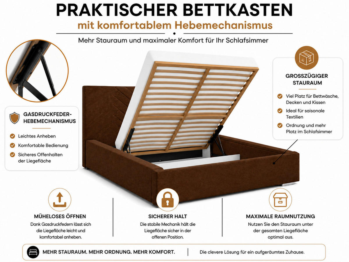 POLSTERBETT 200x200 cm AURA, Doppelbett mit Bettkasten und Lattenrost aus Holz, Velourstoff: Dunkelbraun - Dunkelbraun, Holz/Kunststoff (200/200cm) - Marpur