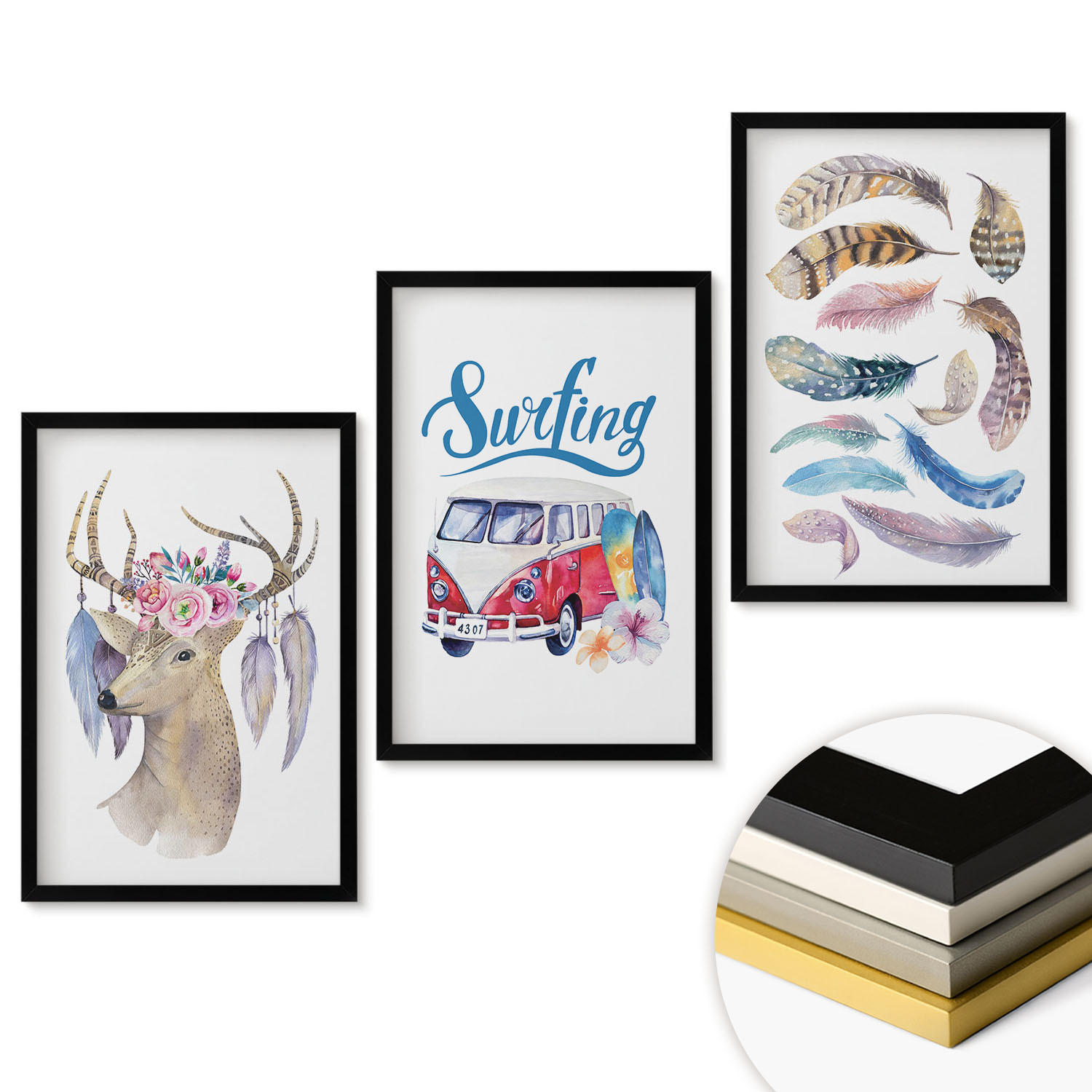 WANDBILDER 3er-Set - 40x60 cm Schwarzer Rahmen - Blumenwagen mit Geweih - Schwarz, Kunststoff (40/60cm) - ArtPrintCave