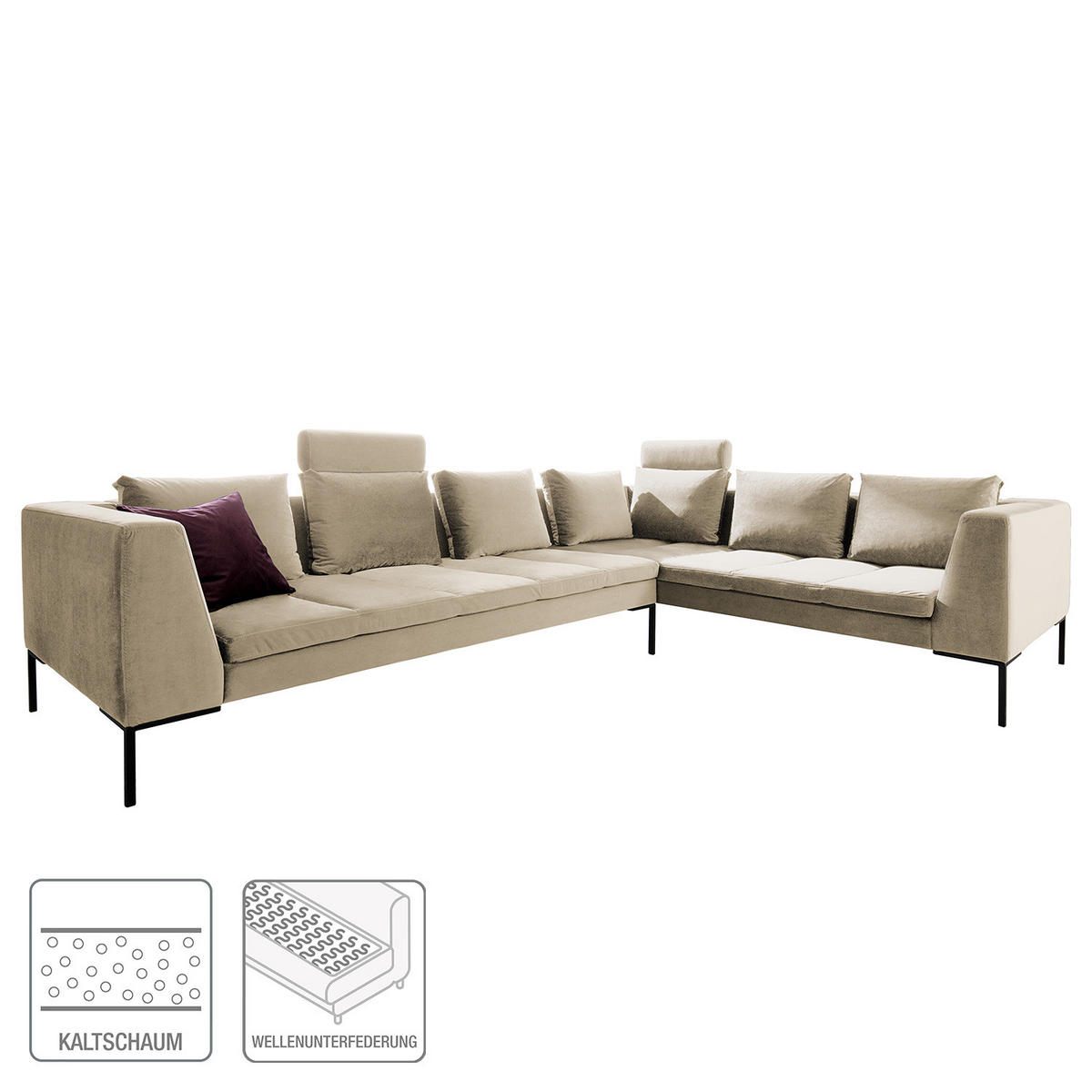ECKSOFA mit Rundecke XL - Samt - Chromfarben/Beige, Textil/Metall (319/238cm) - home24