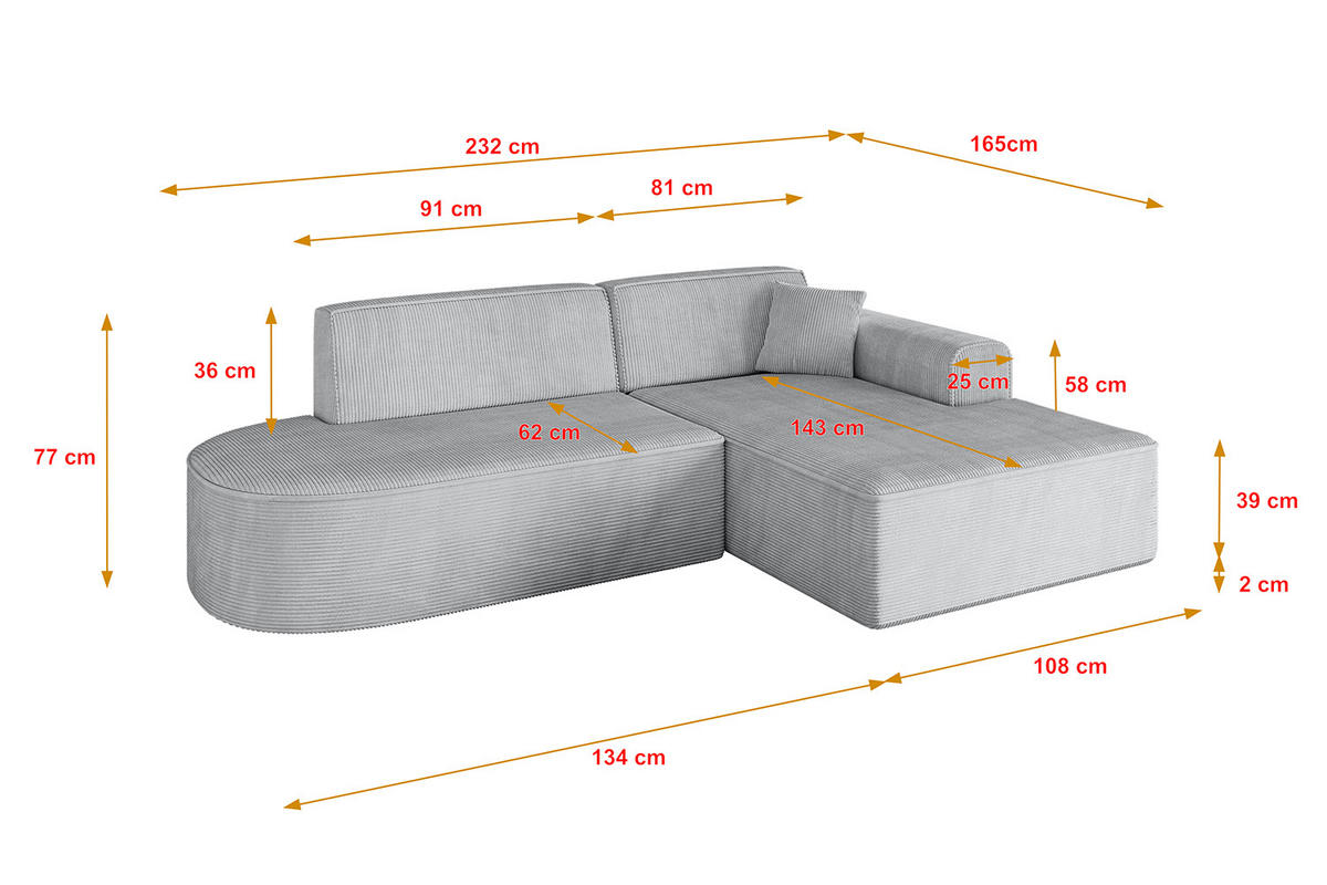 ECKSOFA Ottomane Rechts IREA-L1-v3 - 232x165x77 cm Grau - Grau, Holzwerkstoff/Textil (232/165cm) - ALTDECOR