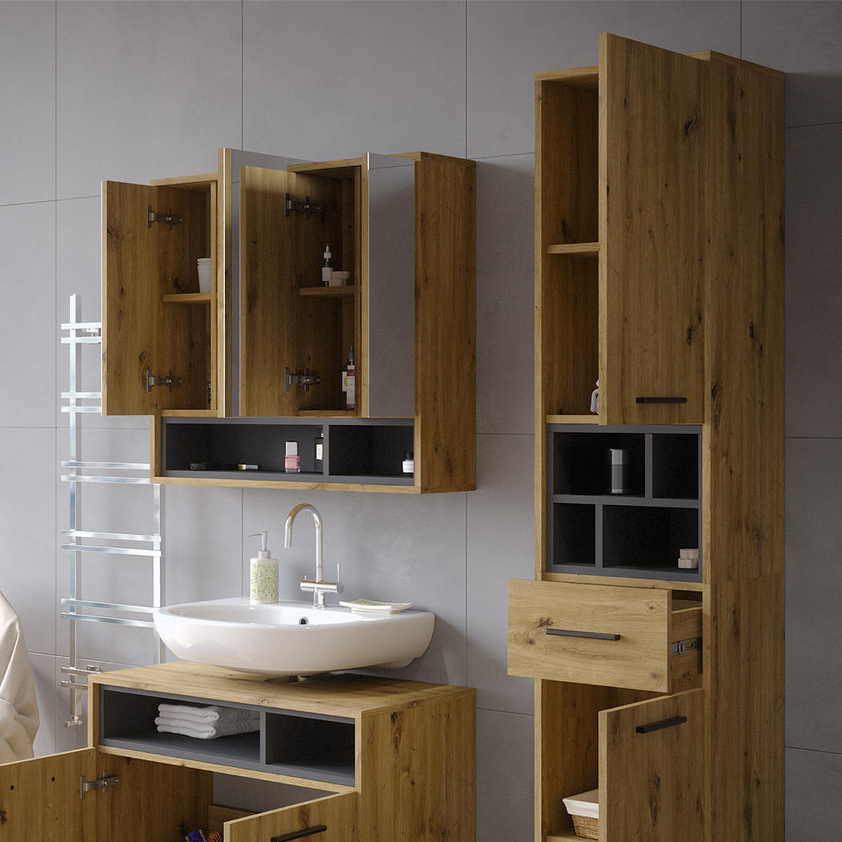 BADSCHRANK Beatrice Artisan Eiche/Anthrazit 38 x 190 cm mit Türen, Schublade - Eiche Artisan, Holzwerkstoff (38/190/30cm) - Vicco