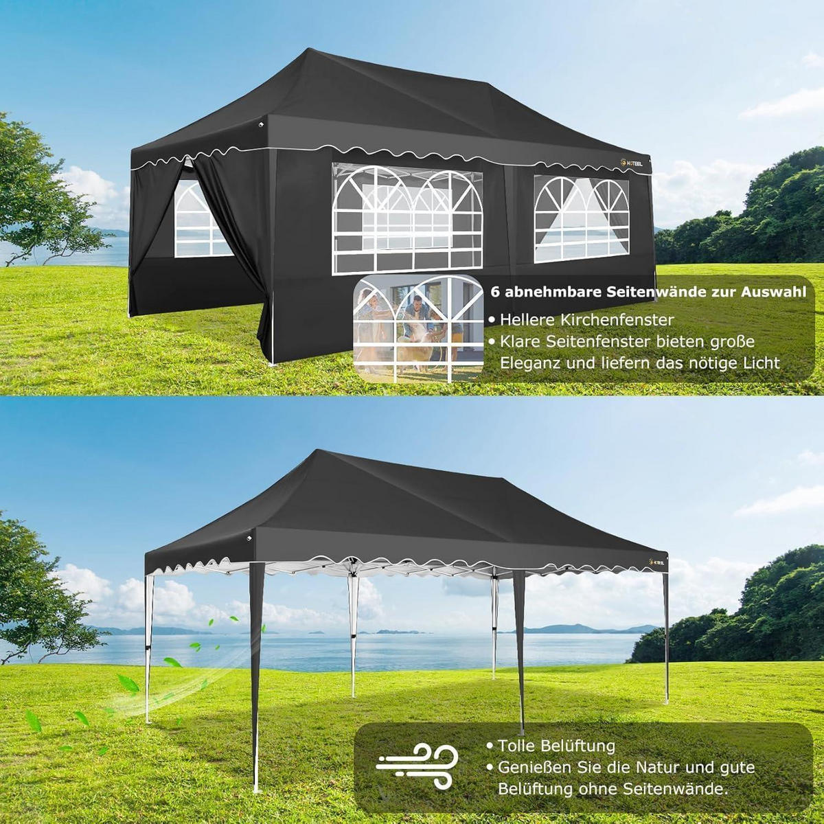FALTPAVILLON 3x6m Wasserdicht UV50+ Schwarz mit Seitenwänden - Schwarz, Textil (300/203/600cm)