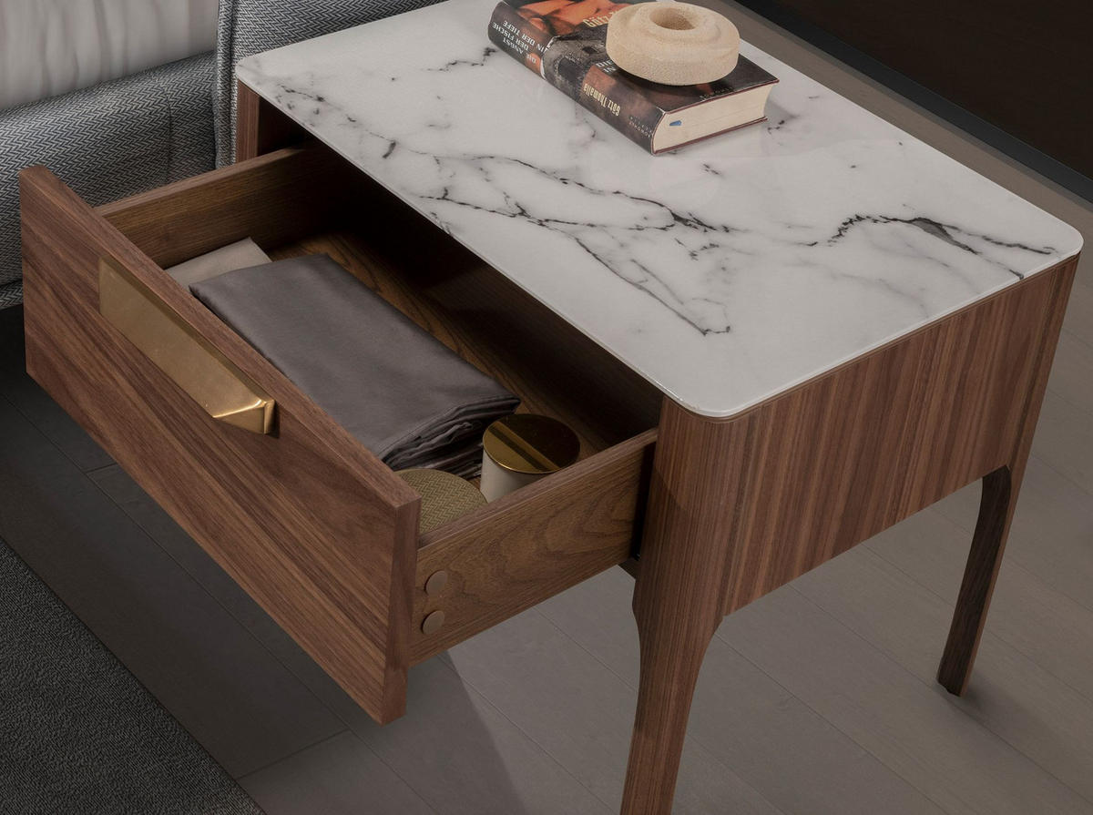 NACHTSCHRANK Nachttisch aus Nussbaumholz mit Glasplatte aus Marmorimitat und Innenbeleuchtung 55/40/44 cm - Nussbaumfarben/Weiß, Holz/Stein (55/44/40cm) - ANGEL CERDA