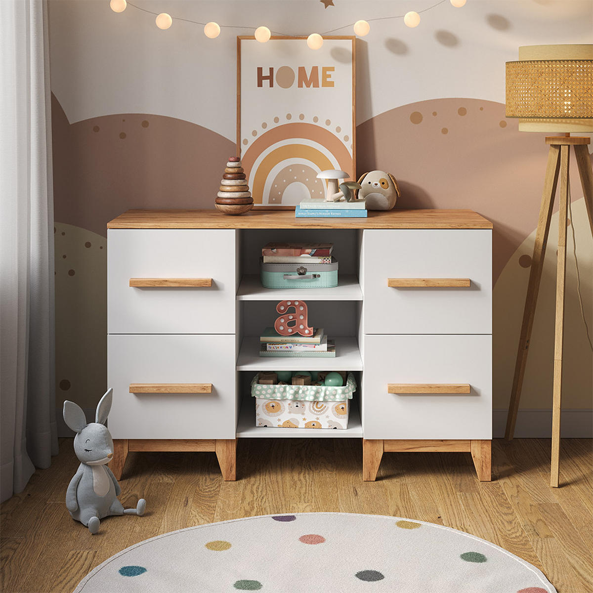 WICKELKOMMODE Malia Weiß/Artisan 133 x 98 cm XL mit 4 Schubladen - Hellgrau/Weiß, Holzwerkstoff (133/98/70cm) - VitaliSpa