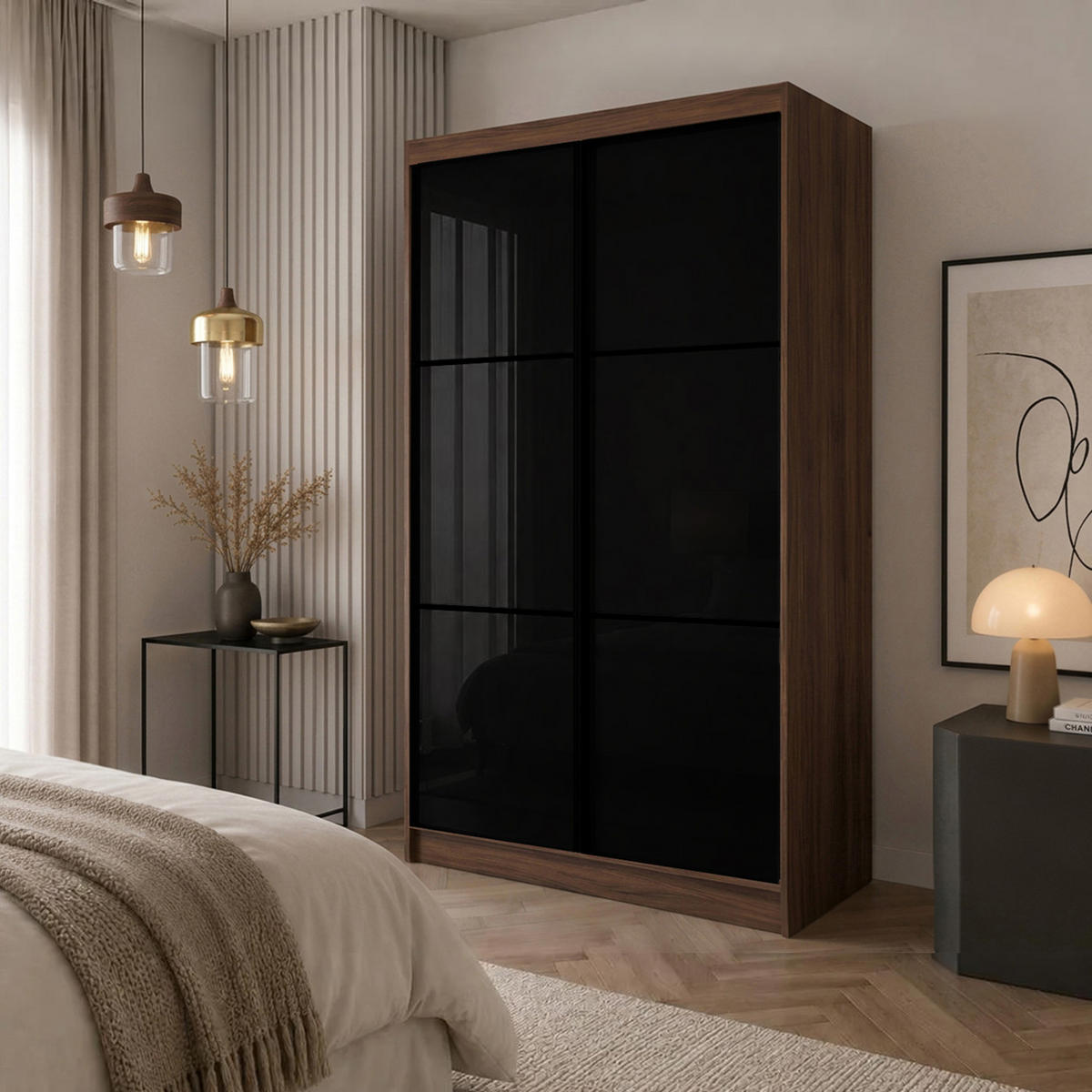 SCHWEBETÜRENSCHRANK Viva II mit Schubladen und Spiegel, mit Lacobel-Glas, 120/216/61 Walnuss - Walnussfarben, Holzwerkstoff (120/216/61cm) - Beautysofa