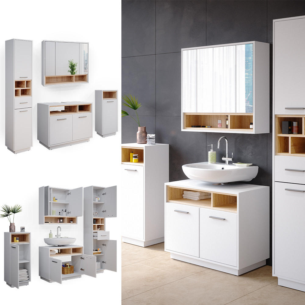 BADMÖBEL-SET Beatrice Weiß 4 Teile - Weiß/Sonoma Eiche, Holzwerkstoff (80/64/40cm) - Vicco