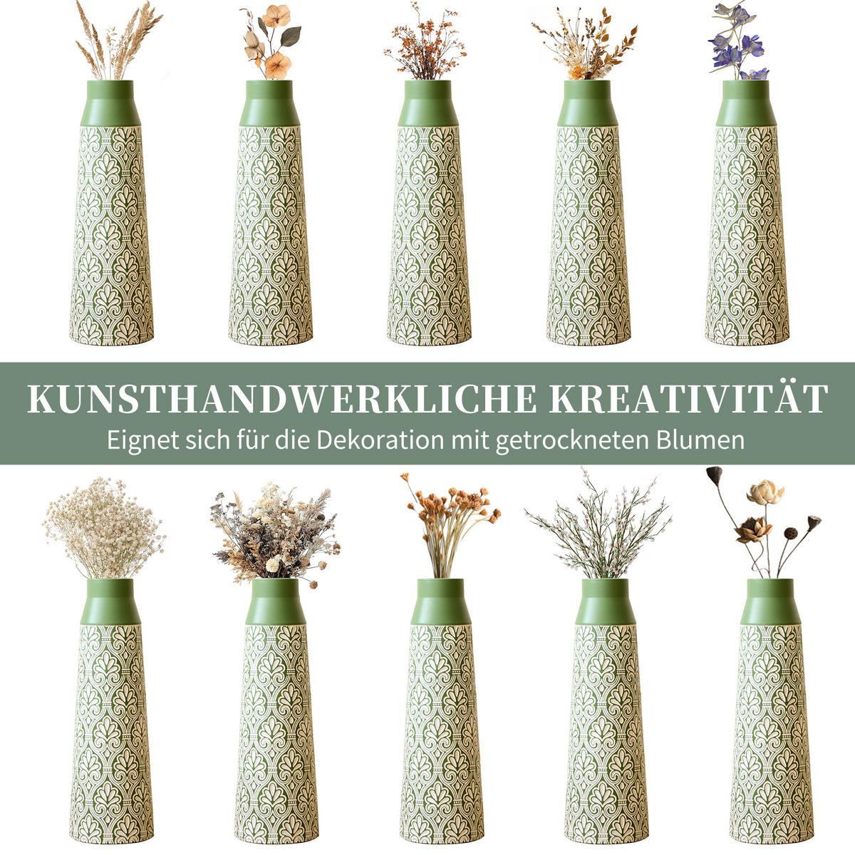 BODENVASE 3-tlg 61,5/51/43,5cm-Grüne Retro Metall Bodenvase für Trockenblumen Pampasgras - Grün, Metall (66.15cm) - Raelunyi