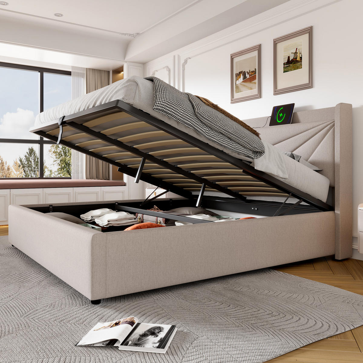 POLSTERBETT 160/200 cm mit USB- und USB-C-Anschluss, Bettkasten und geometrischem Kopfteil aus Baumwollleinen, Beige - Beige, Textil - Redom