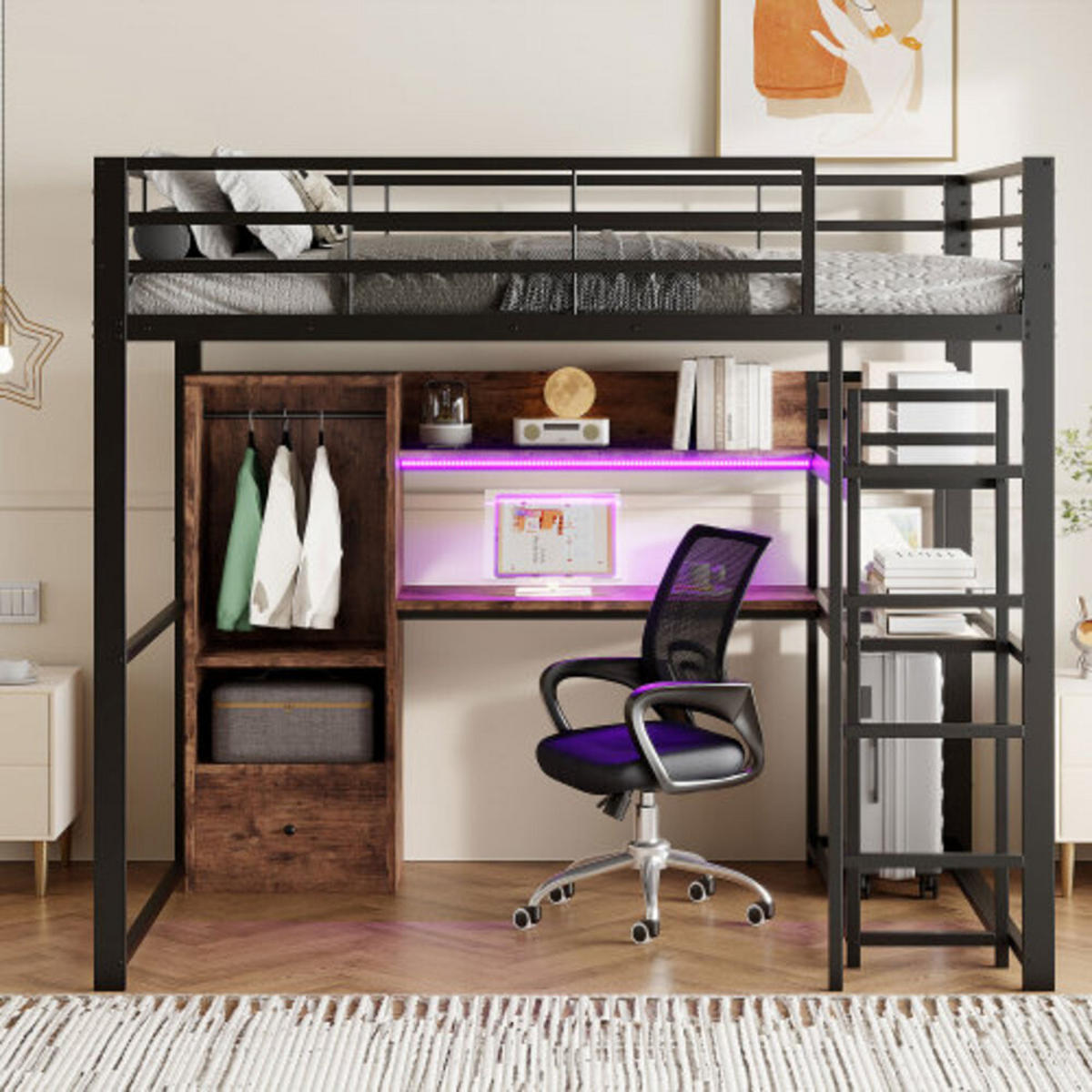 HOCHBETT 140 × 200 cm aus Metall und MDF mit Schreibtisch, Stauraumschublade und 16-Farben-LED-Leiste, schwarz - Schwarz, Holzwerkstoff - Luhomfu