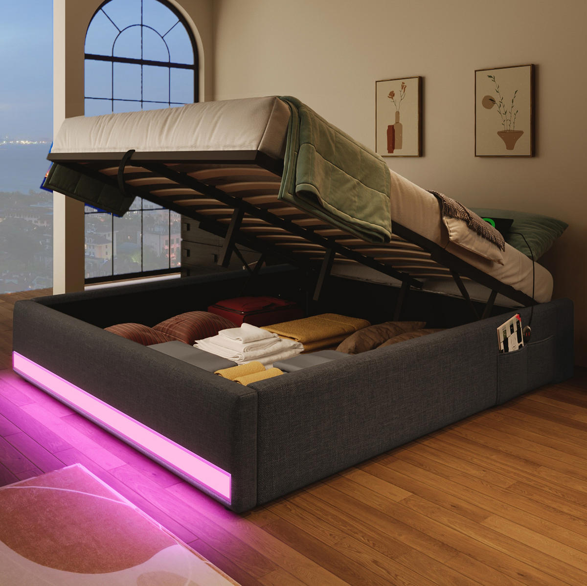 POLSTERBETT mit LED-Beleuchtung 140/200 cm mit Bettkasten, USB und Typ-C, Grau - Grau, Textil (140/200cm) - BEAOK