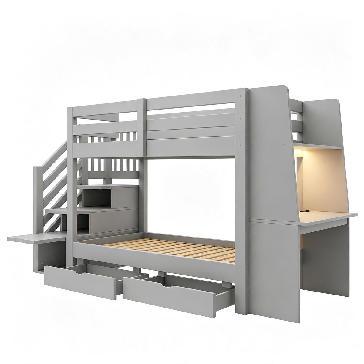 ETAGENBETT 90/200 cm mit Schreibtisch und LED, DE-41592, in Grau - Grau, Holzwerkstoff (90/200cm) - ComfortXL